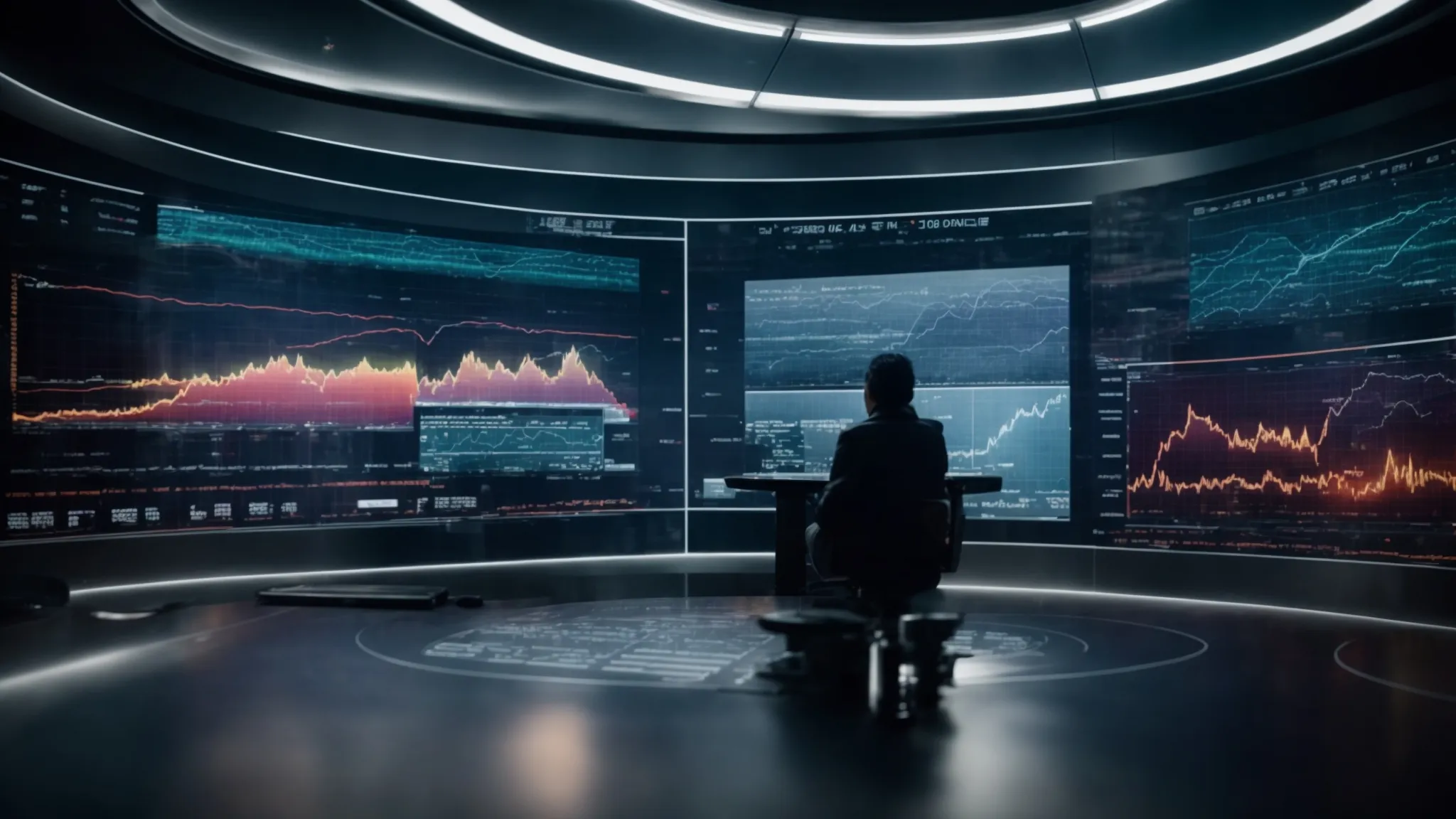 a futuristic control room with a large digital screen displaying graphs and analytics while a marketing professional analyzes data streams.