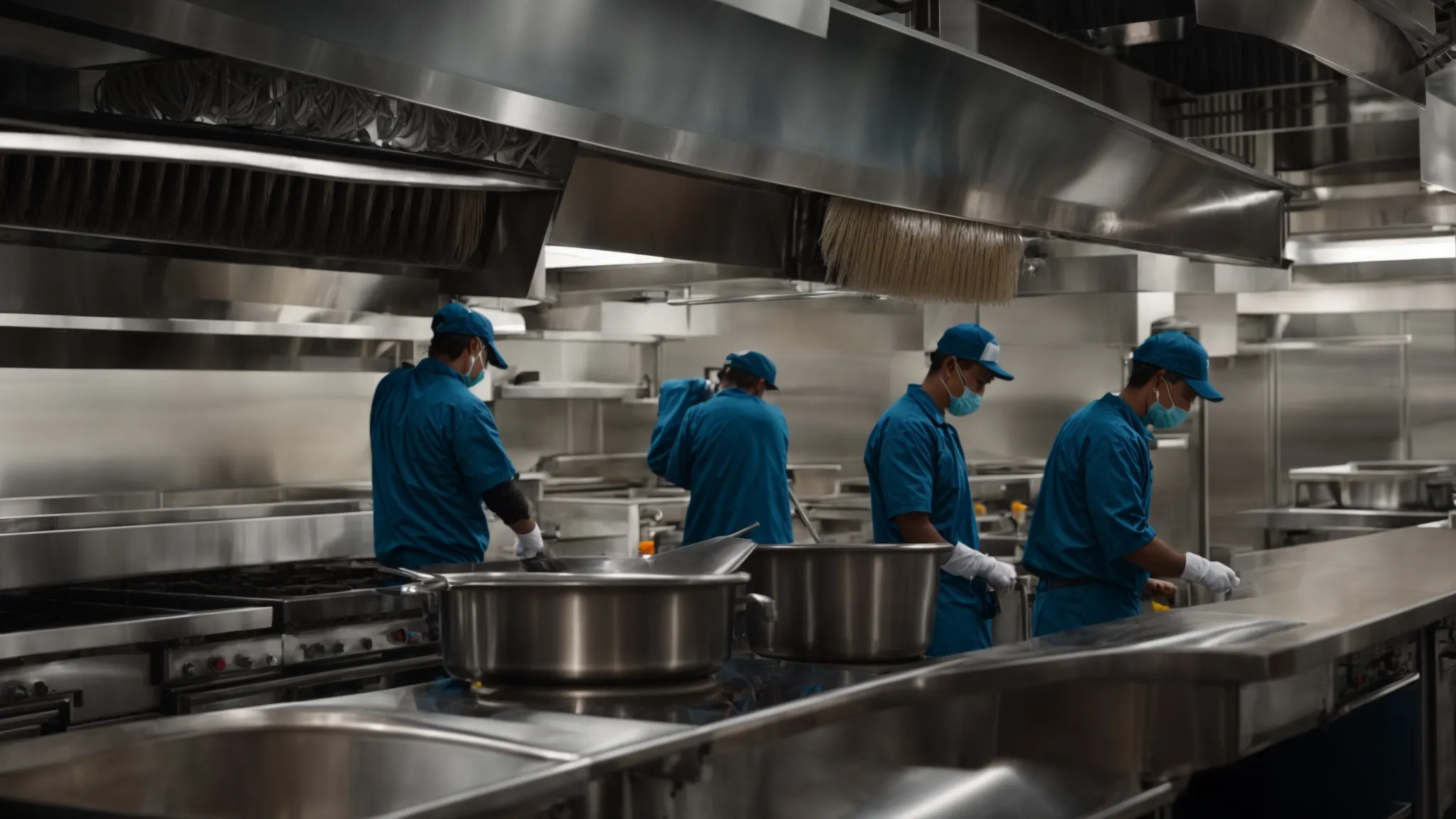 a professional crew cleans a large commercial kitchen exhaust system, reflecting the implementation of a comprehensive hood cleaning compliance strategy.