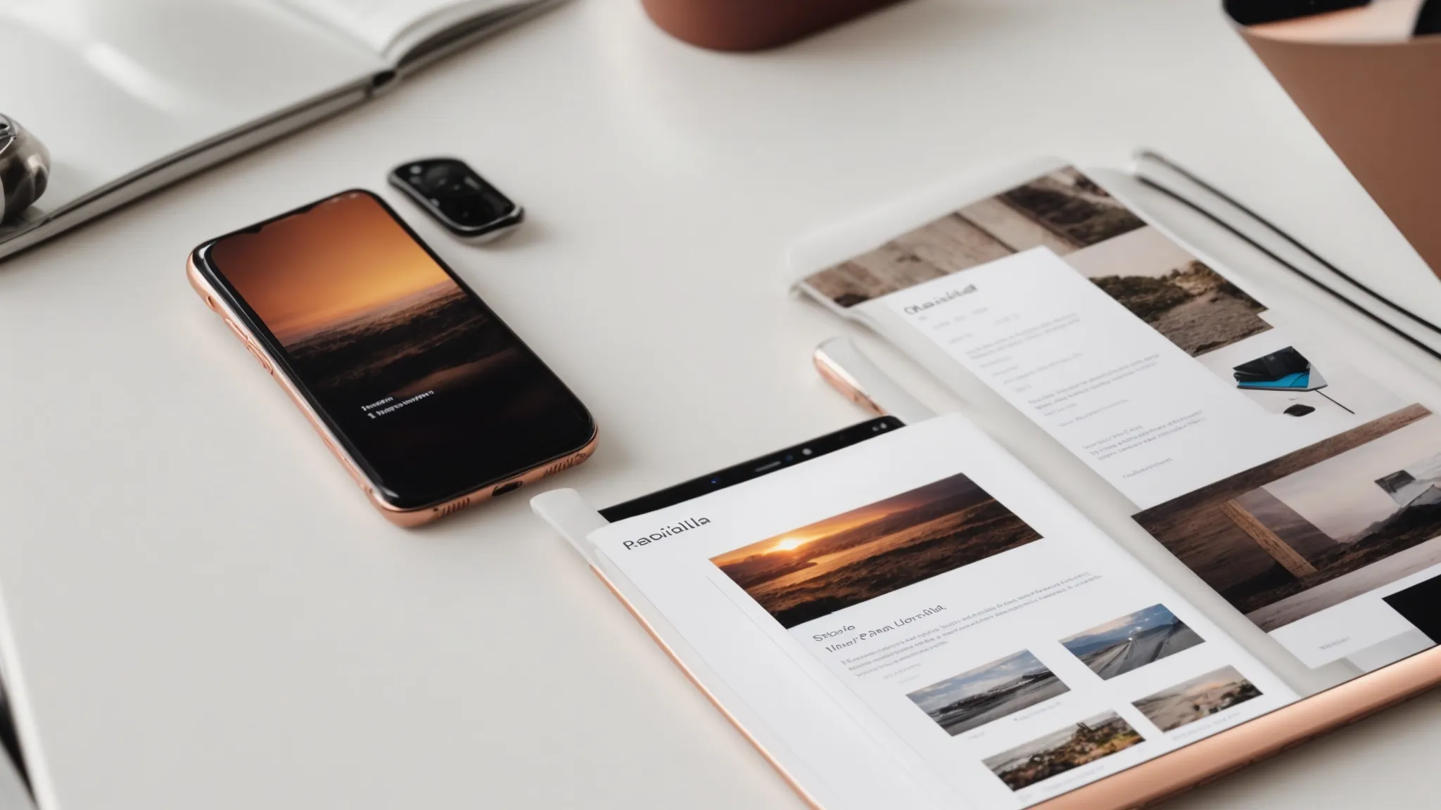 a smartphone displaying a modern website layout placed on a sleek, minimalistic table.