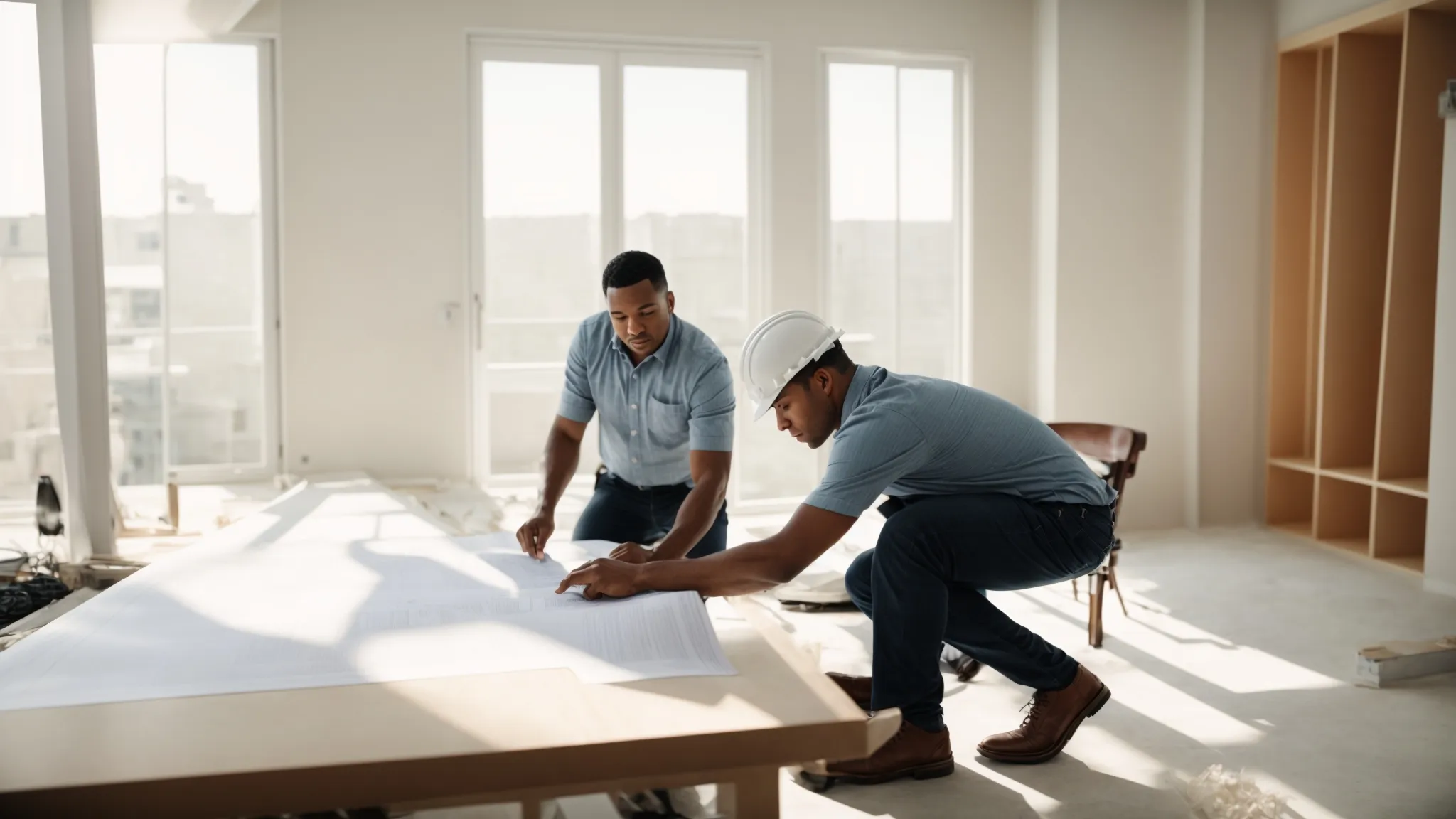 a contractor reviews blueprints with a homeowner in a bright, modern living room under construction.