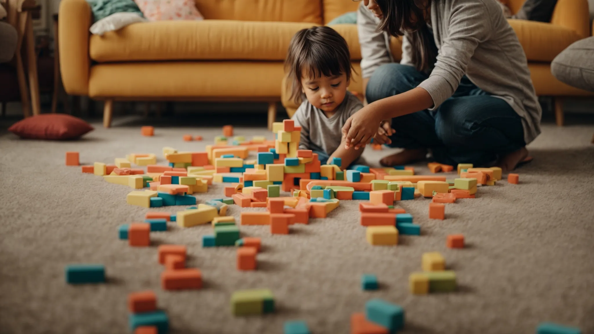 a parent and child build a towering structure from colorful blocks on the living room floor.