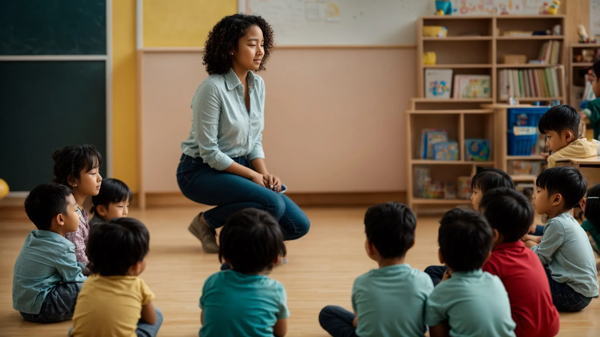 a teacher kneels before a circle of sitting kindergarteners, attentively listening to one child speak.