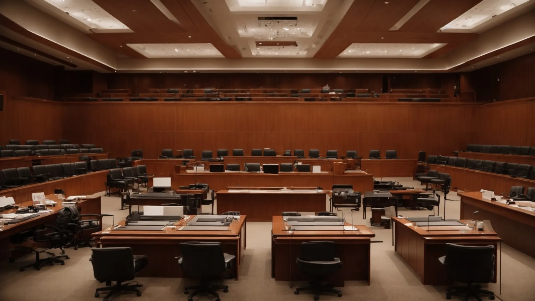 an expansive courtroom with a large table where multiple microphones and documents are laid out, indicating preparation for an international arbitration hearing.