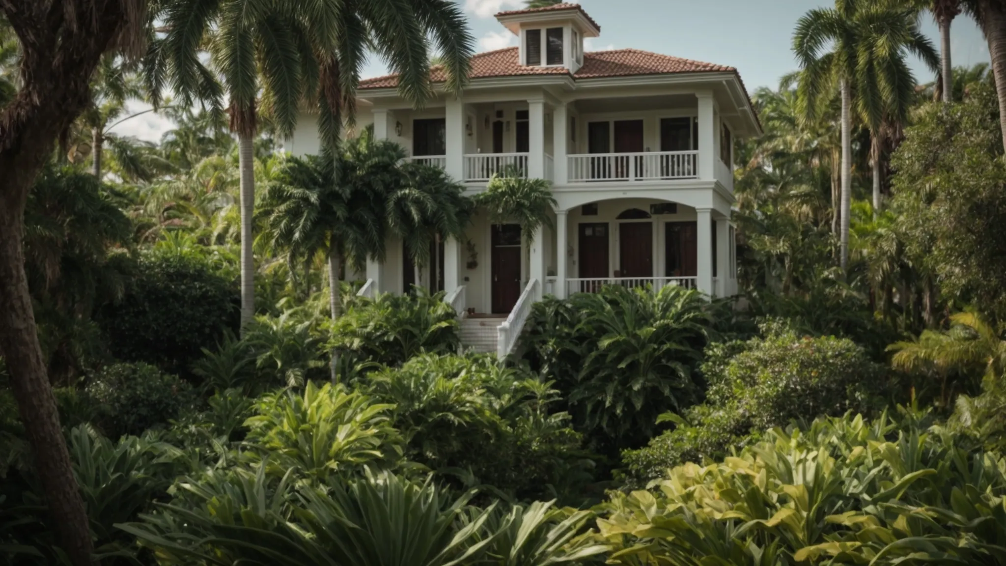 a pristine home stands out under the clear sky, its walls gleaming, surrounded by lush greenery, embodying the transformative touch of tampa's house washing experts.