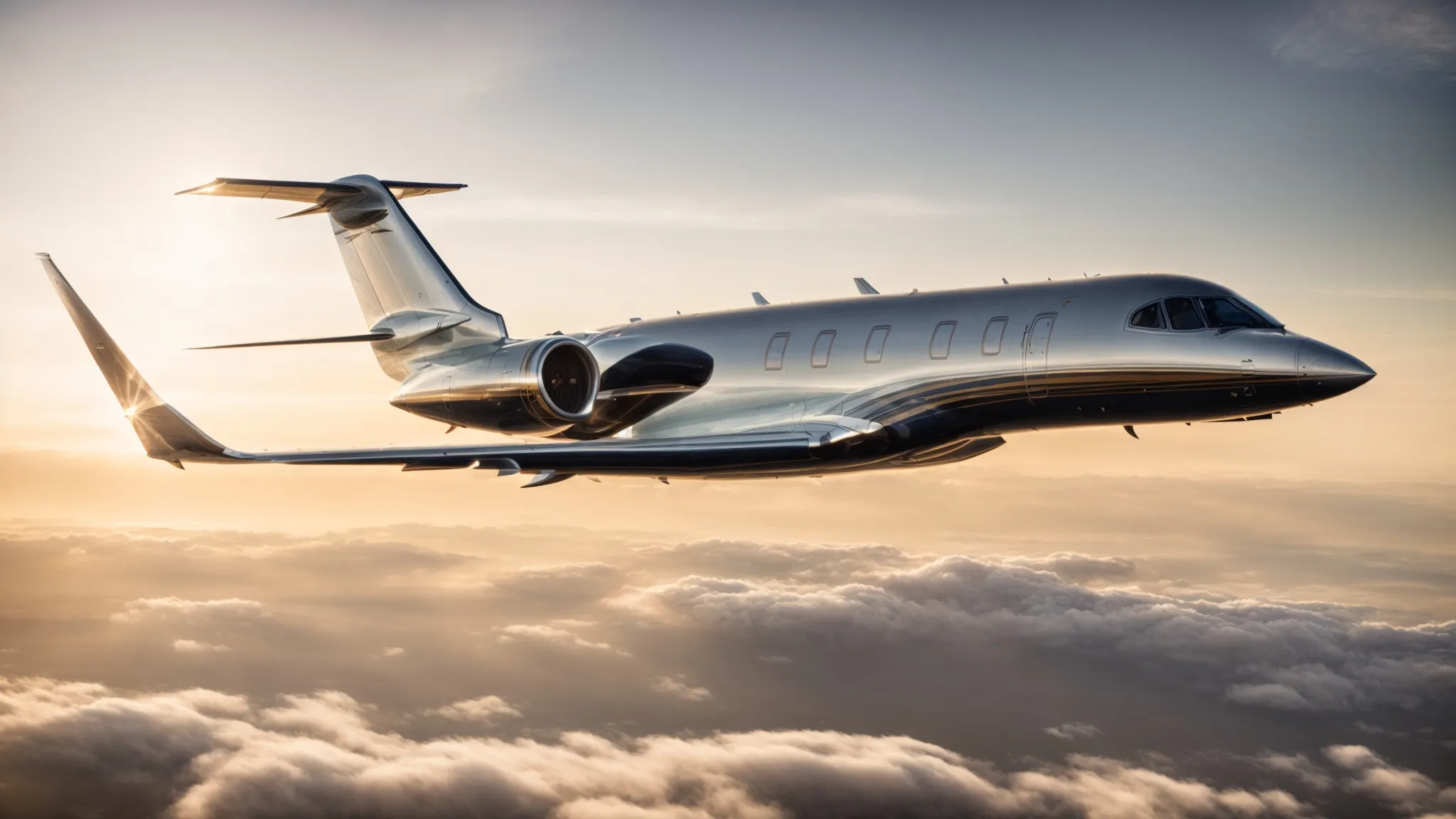 a sleek, silver private jet glides above a tapestry of clouds, the sun casting a warm glow over its wings.