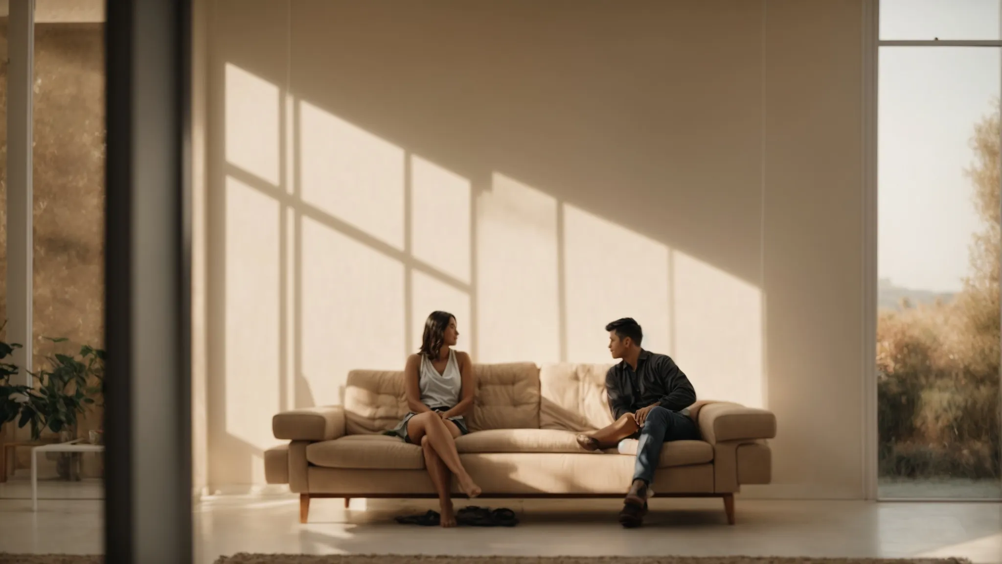 a couple sits on opposite ends of a neutral-toned couch, their bodies turned slightly towards each other, in a room lit by soft afternoon light.