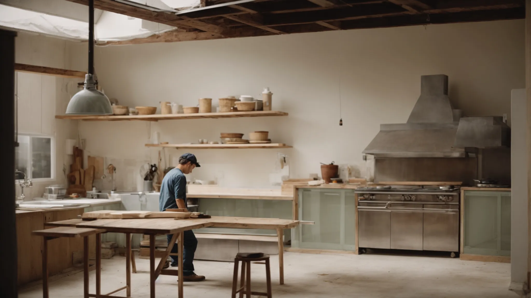 a kitchen being measured by a professional with a clipboard in an empty, under-renovation space.