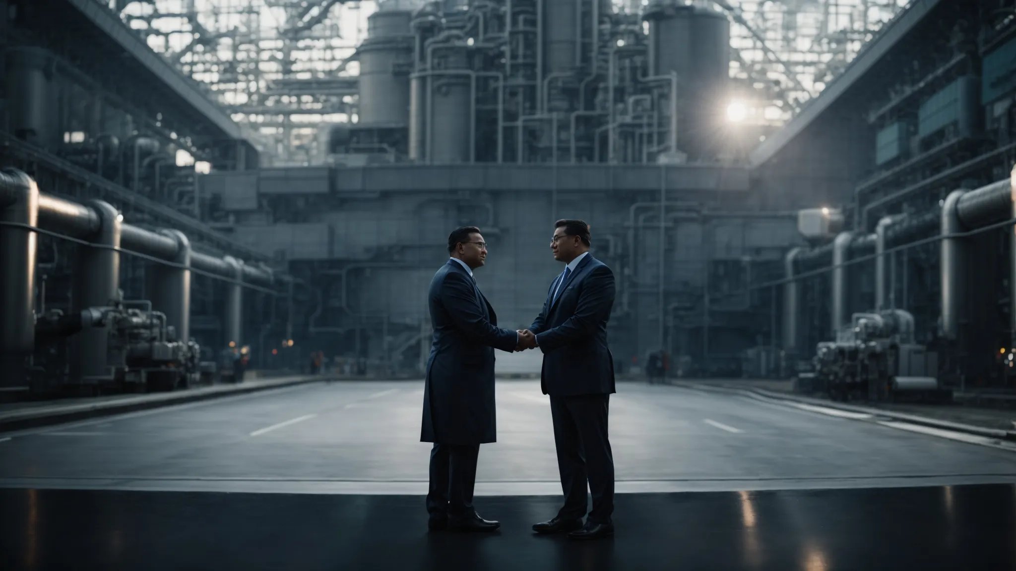 two executives from different companies shaking hands in front of a futuristic power plant.