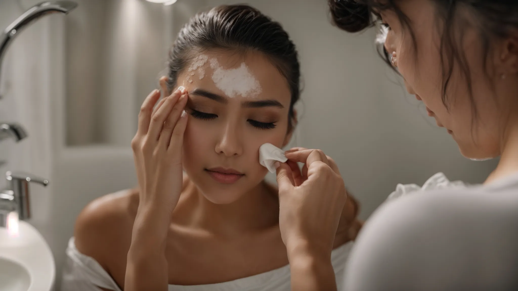 a person gently applies a mild cleanser to their face in a well-lit, serene bathroom, preparing their skin for a professional microdermabrasion session.