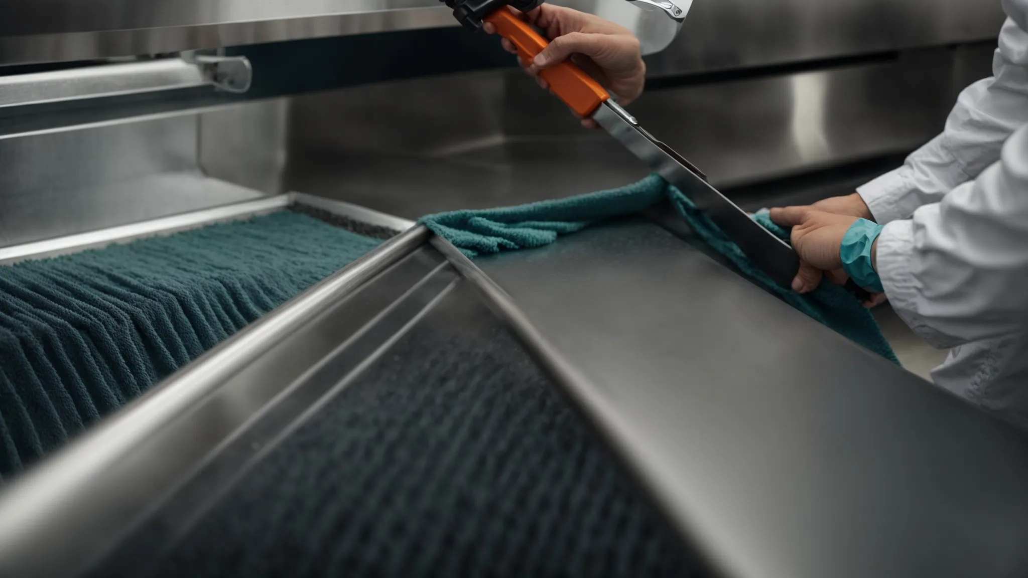 a professional cleaning a large commercial kitchen hood with a non-abrasive tool, ensuring thoroughness without damage.