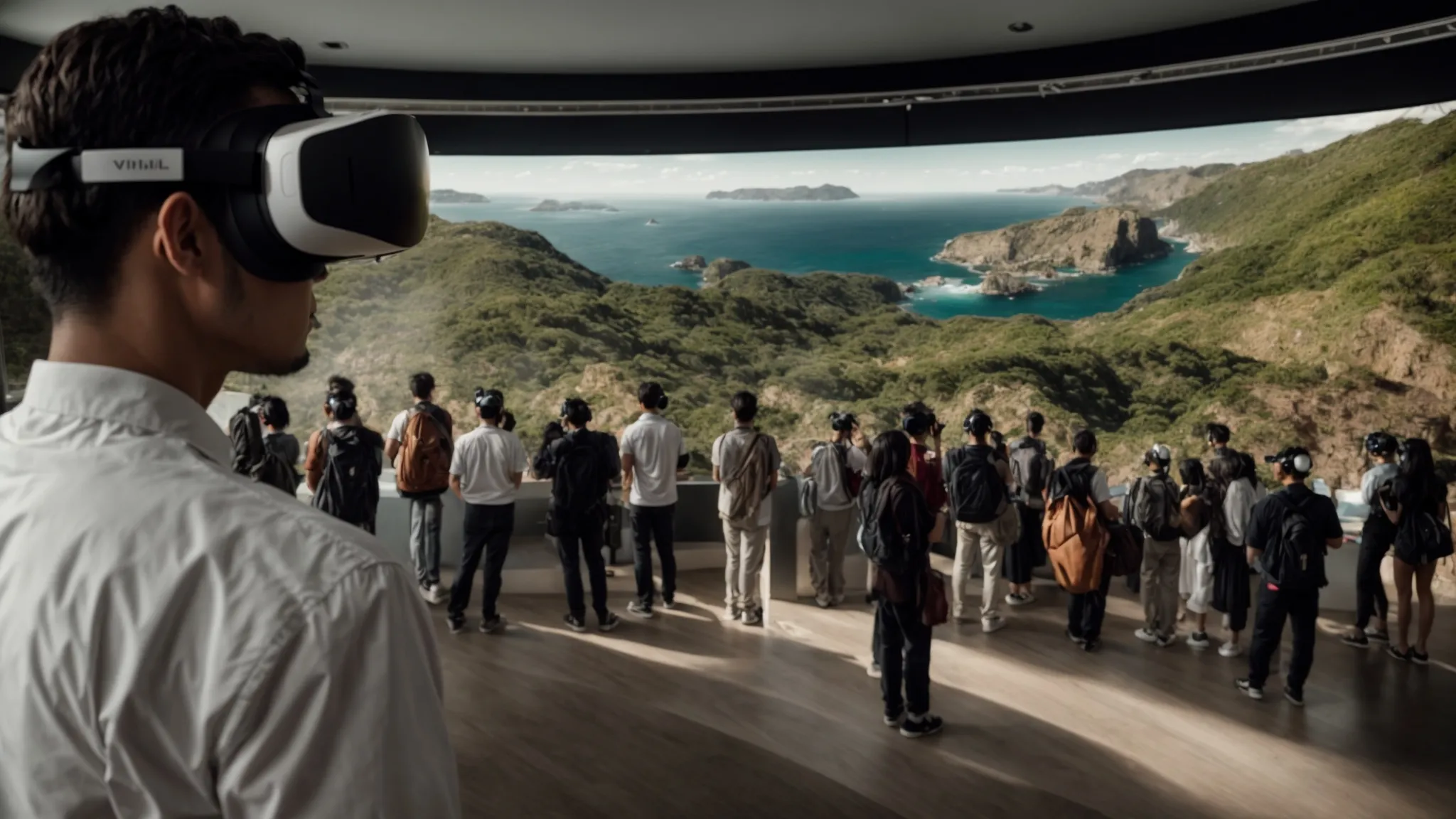 a person wearing a vr headset stands before a large screen displaying a virtual world, surrounded by intrigued onlookers.