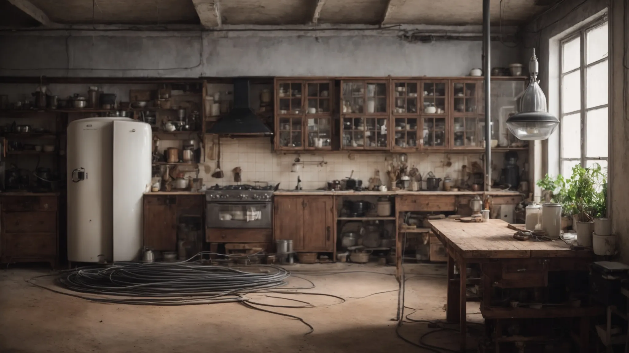 a spacious, empty kitchen with exposed wires and pipes, awaiting renovation.