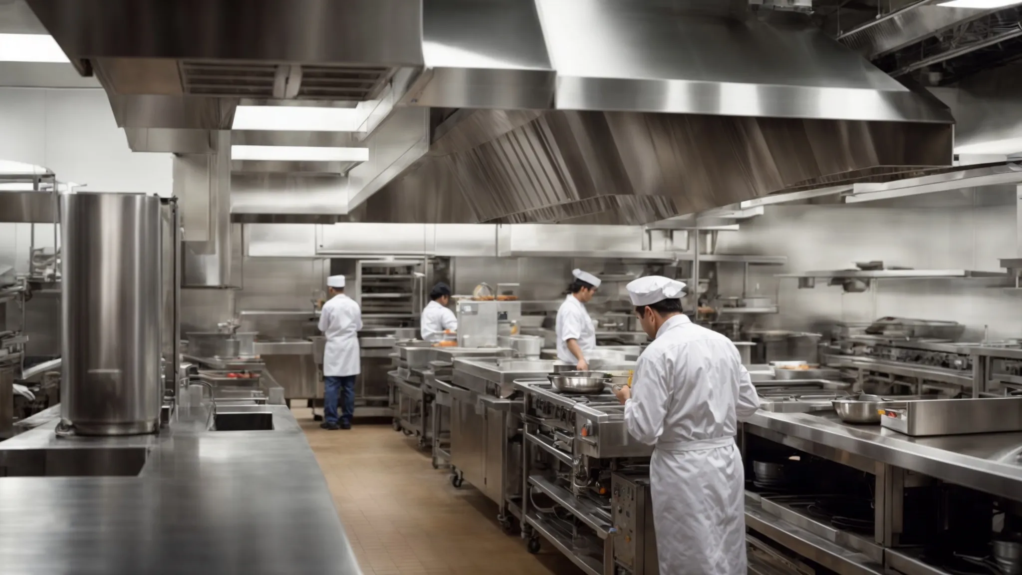 a commercial kitchen bustling with activity as a newly installed, sleek ventilation system hums quietly above.