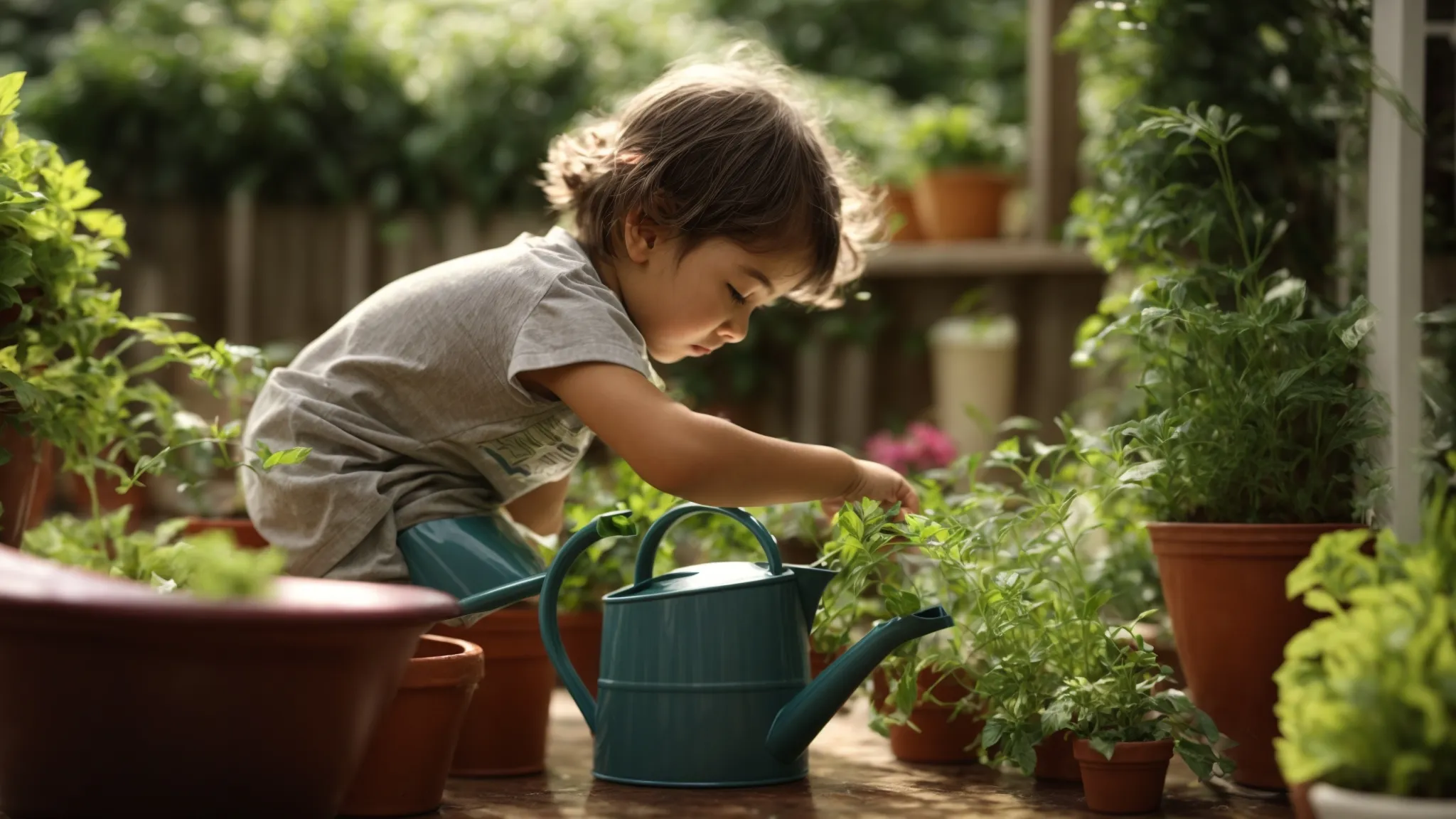 a child carefully waters plants on a sunny patio, a small watering can in hand, surrounded by lush greenery.