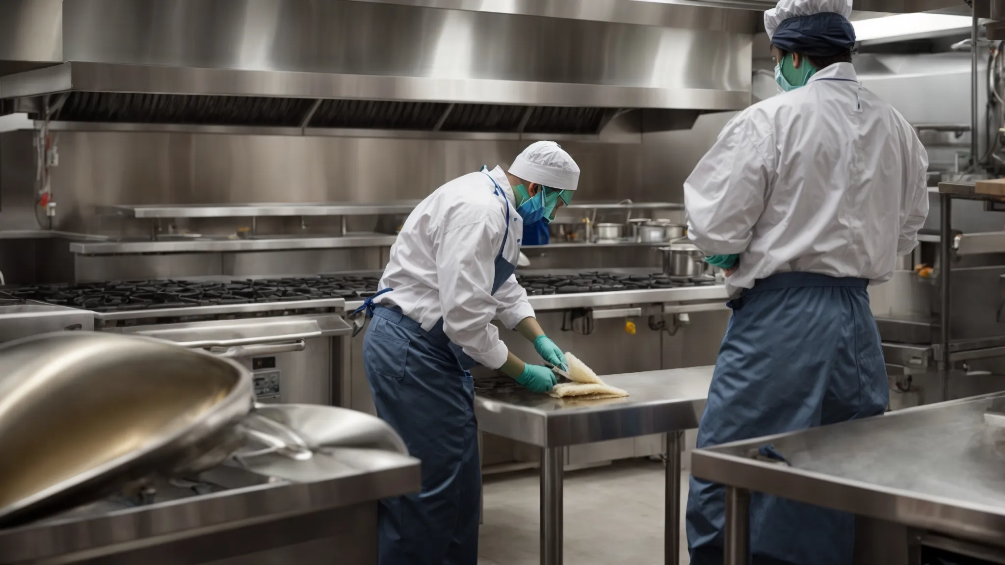 a professional team diligently cleans a commercial kitchen, focusing on the exhaust hood to ensure a pristine and efficient workspace.