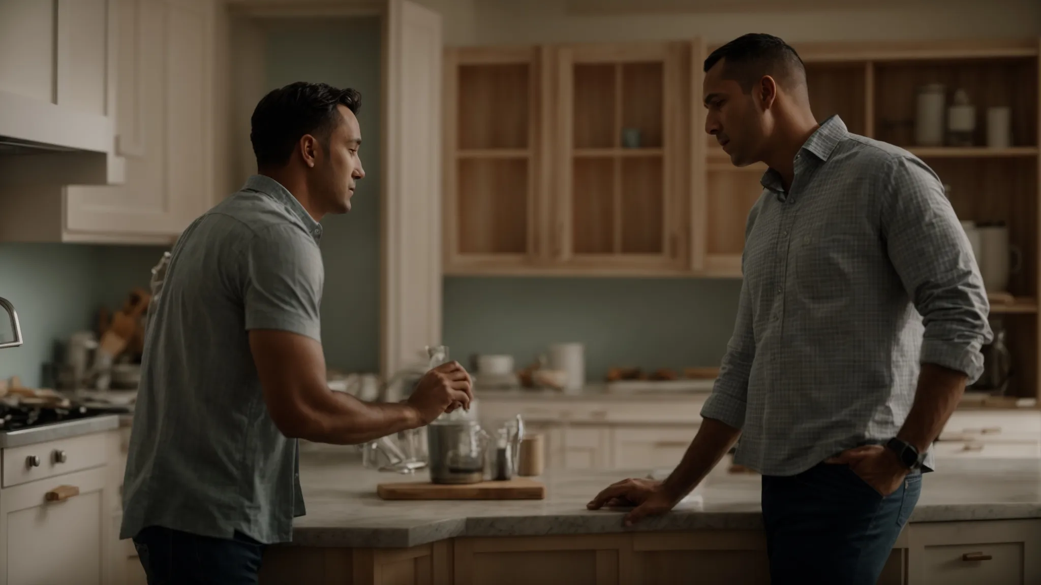 a contractor and homeowner discuss plans in a partially renovated kitchen with kitchen cabinets.