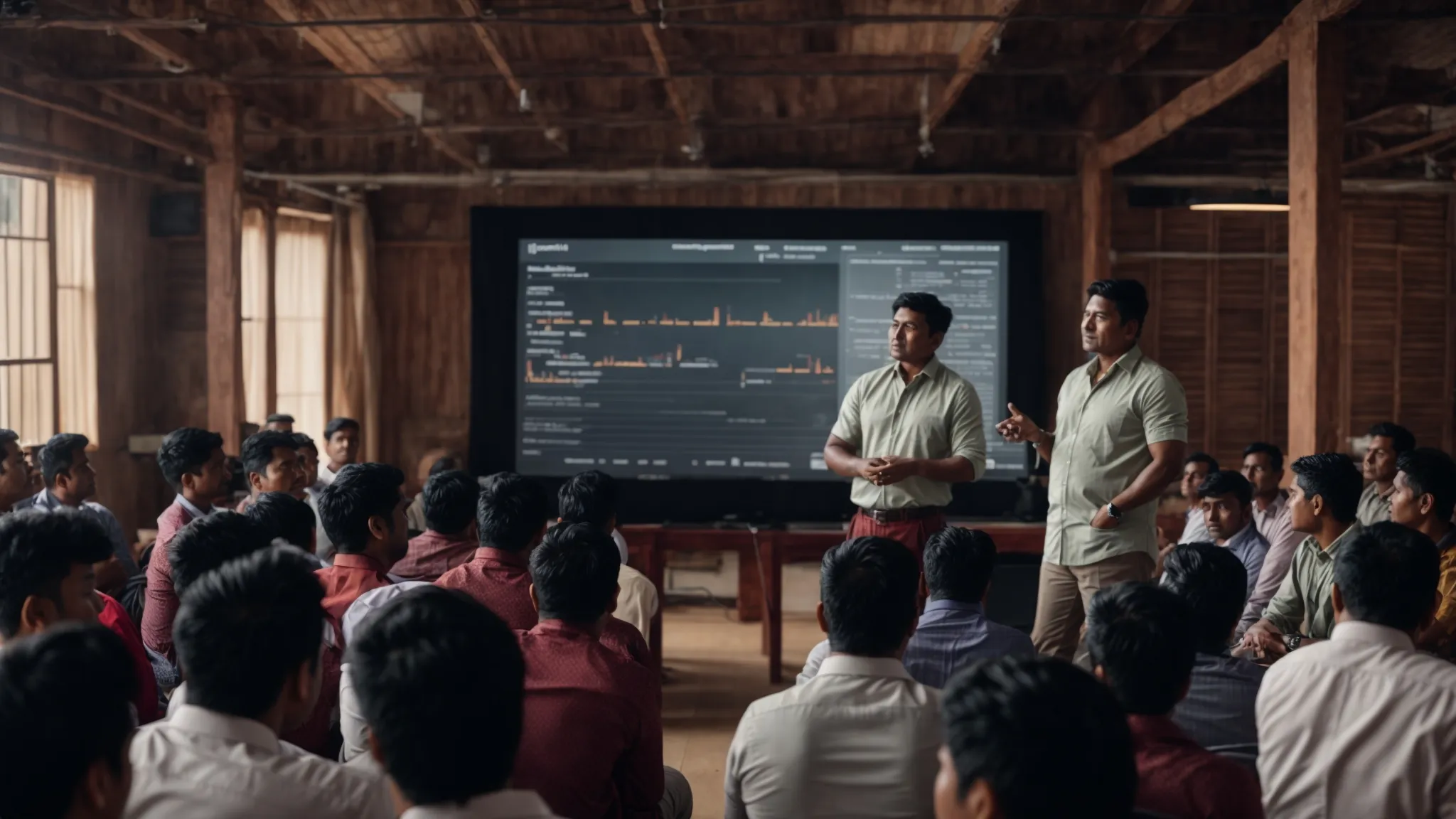 a man demonstrating a digital marketing presentation on a large screen to local business owners in an indoor setting in rangpur.