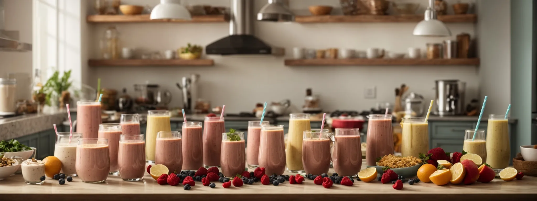 a table laden with smoothies, protein shakes, and bowls of soft, mushy foods beneath a bright kitchen light.