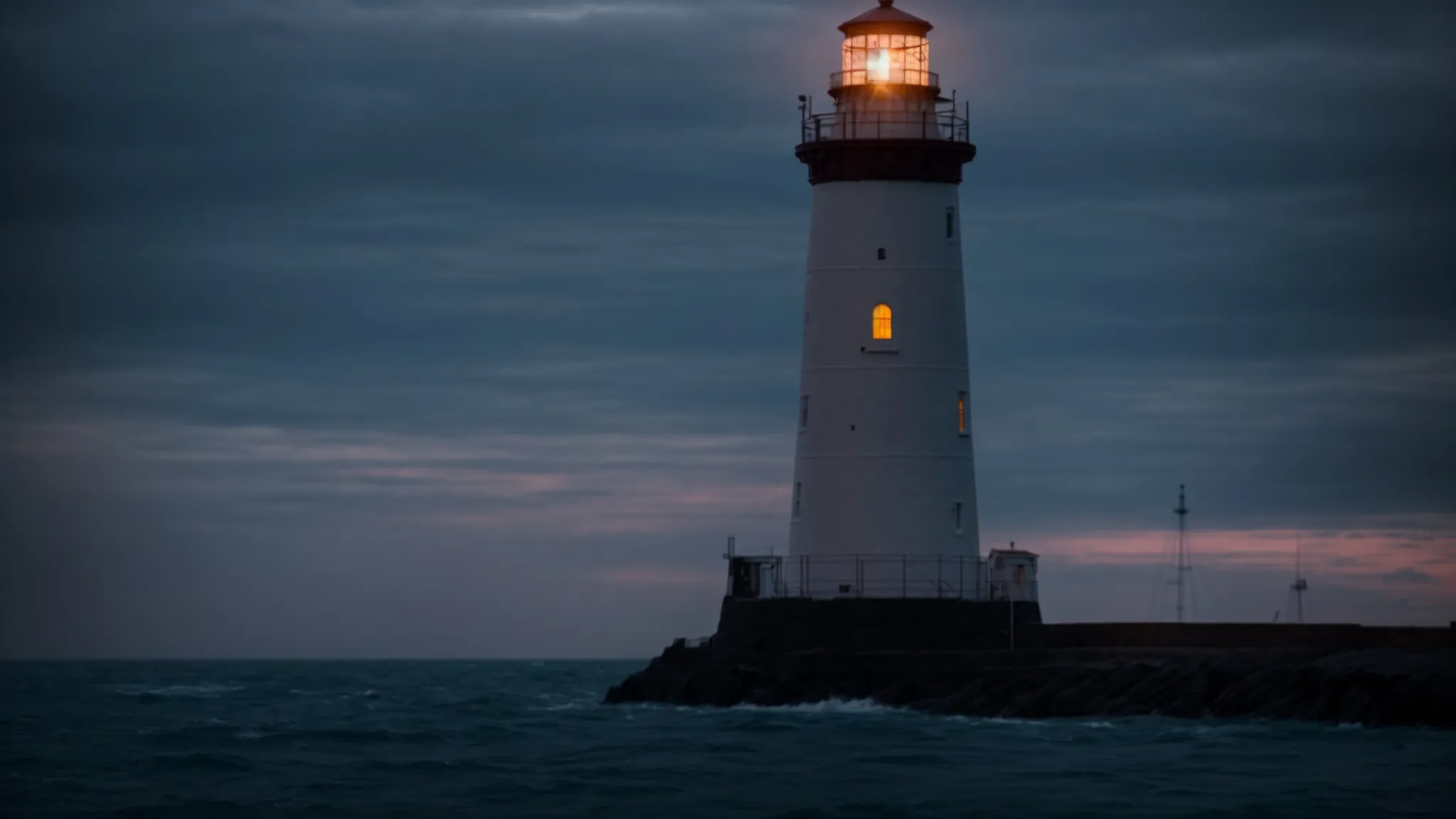a lighthouse stands tall at dusk, its beam cutting through the twilight, guiding ships safely to shore.