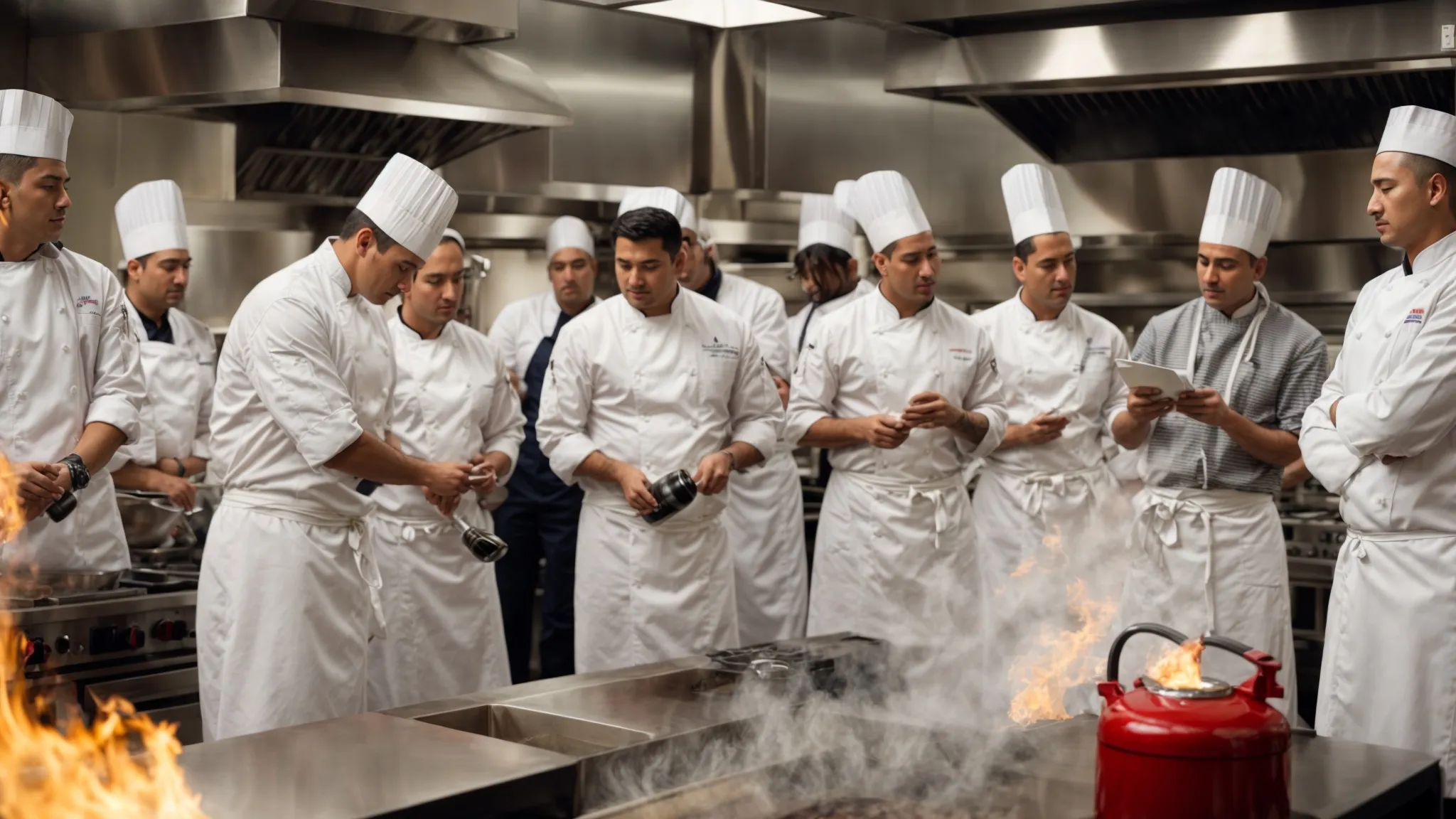 a group of chefs and kitchen staff gathered around a fire extinguisher, attentively participating in a fire safety demonstration in a commercial kitchen.