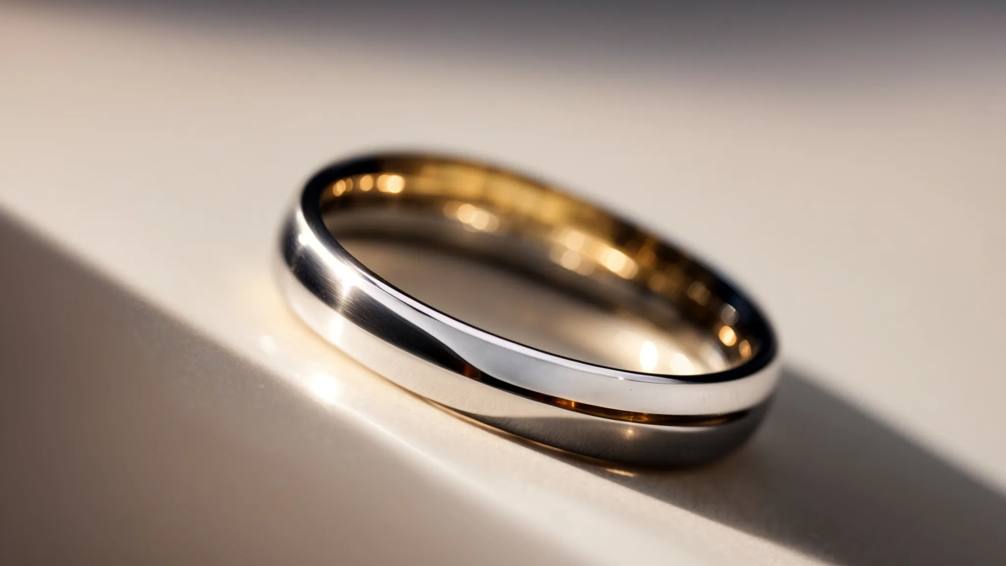 a close-up of a sleek tungsten carbide ring resting on a polished surface, gleaming under soft lighting.