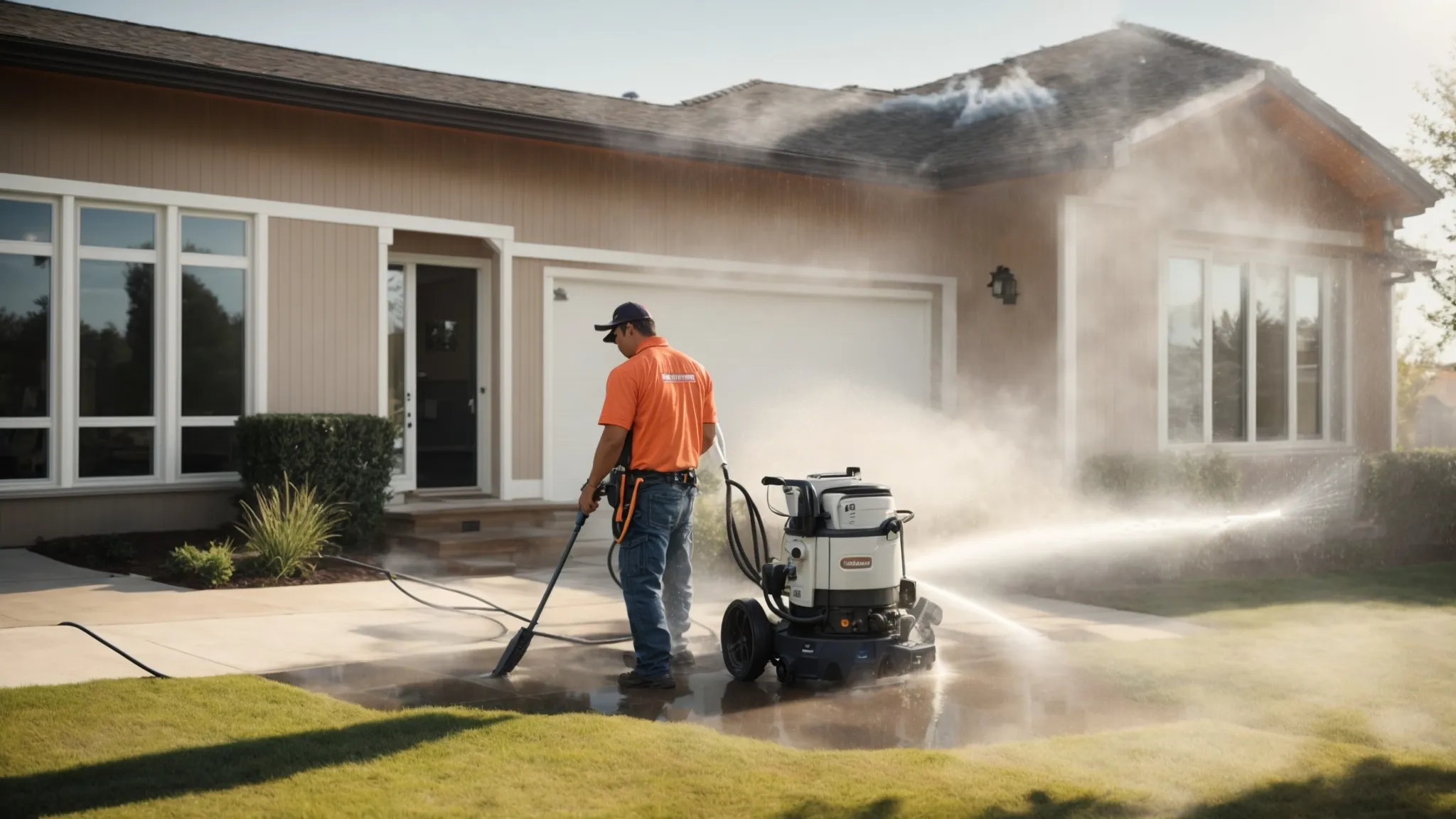 a professional pressure washing technician cleans the exterior of a modern suburban home on a bright, sunny day.