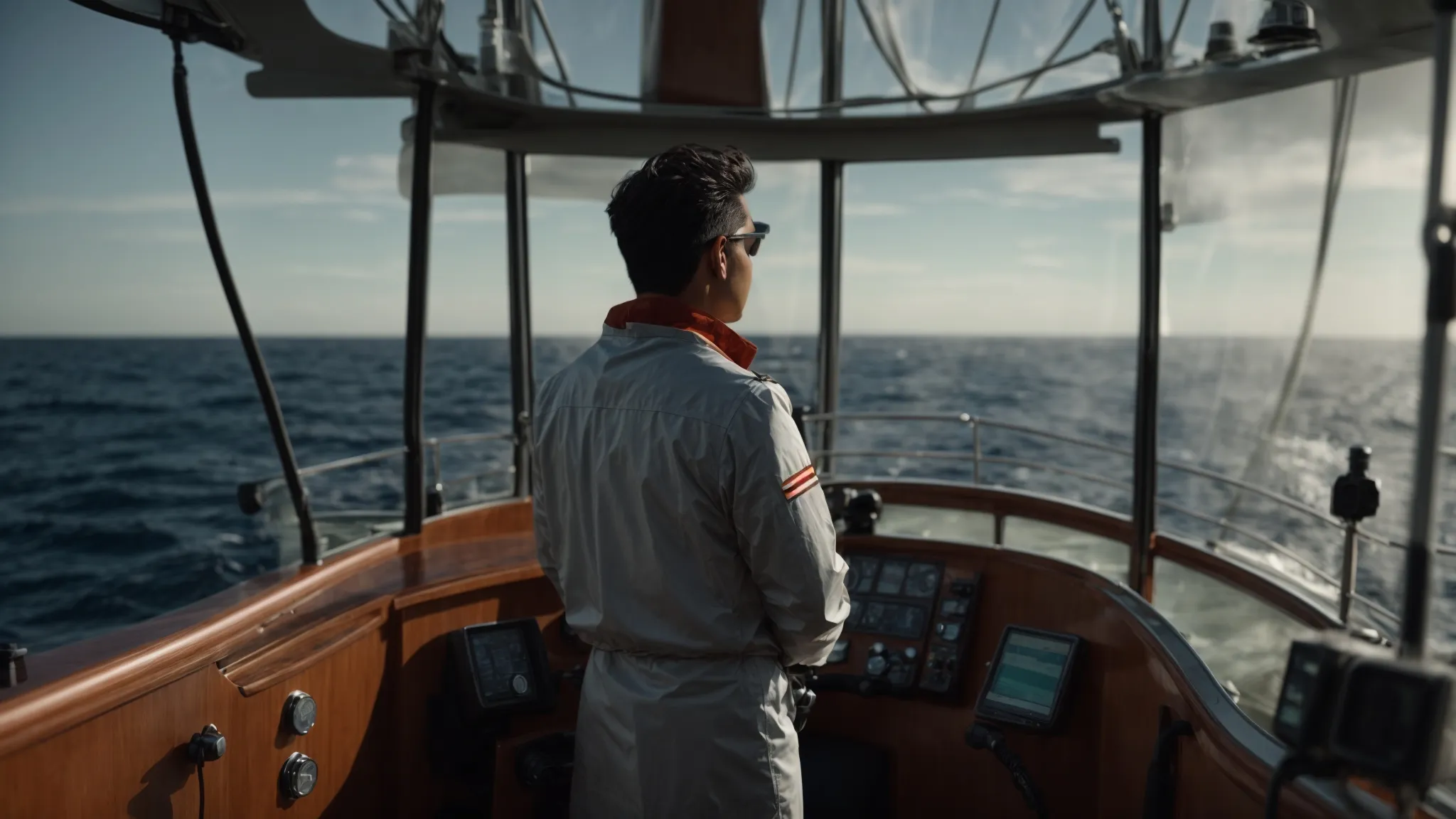 a navigator stands at the helm of a ship, gazing out over a vast ocean that merges seamlessly into a digital landscape representing data and analytics.