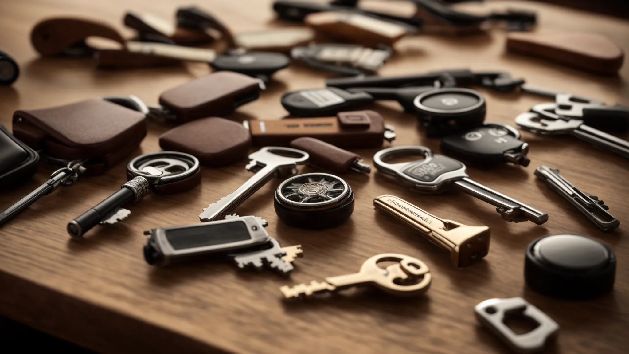A Collection Of Diverse Keys Lying On A Wooden Table, Each With A Different Design.