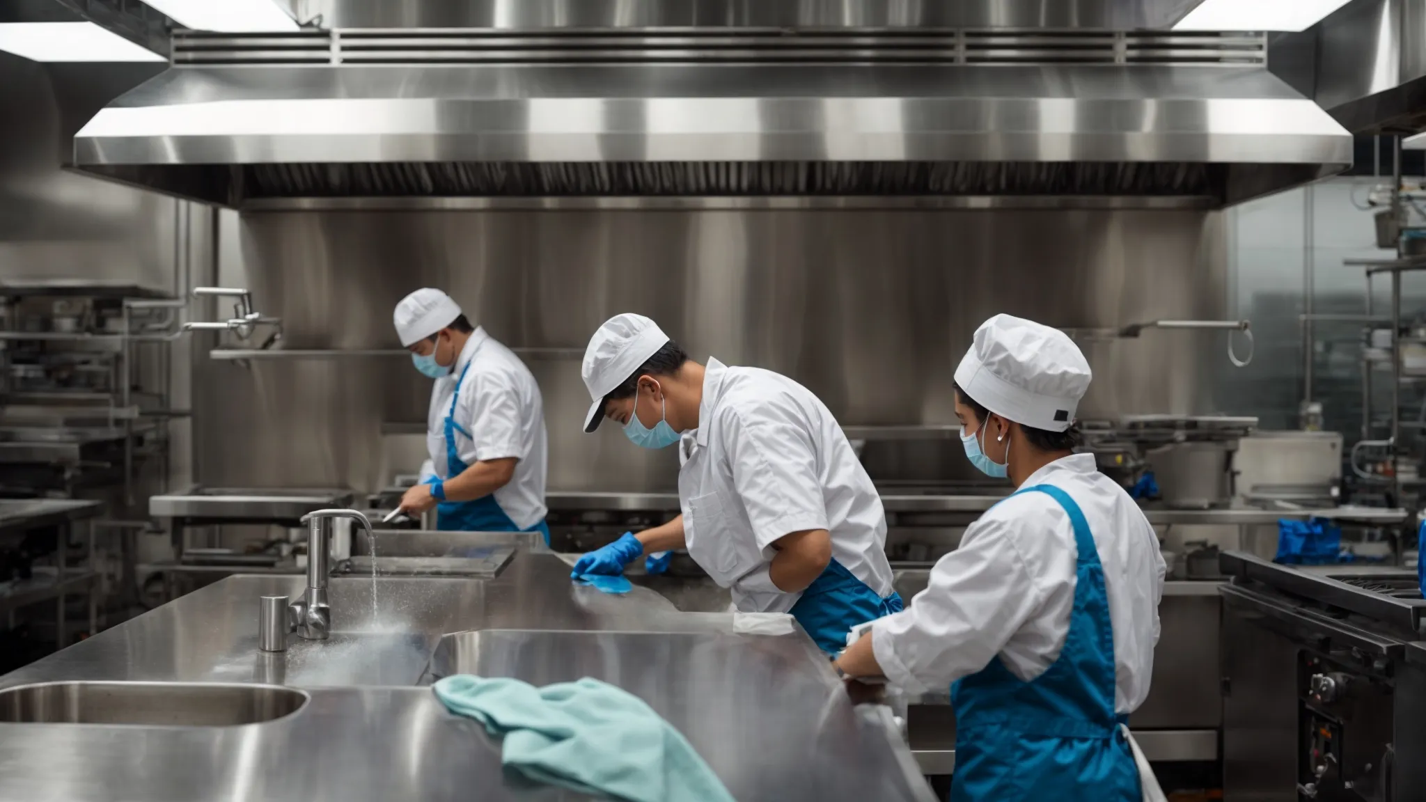 a professional cleaning team works on a large commercial kitchen hood, employing specialized equipment to ensure thorough cleanliness.