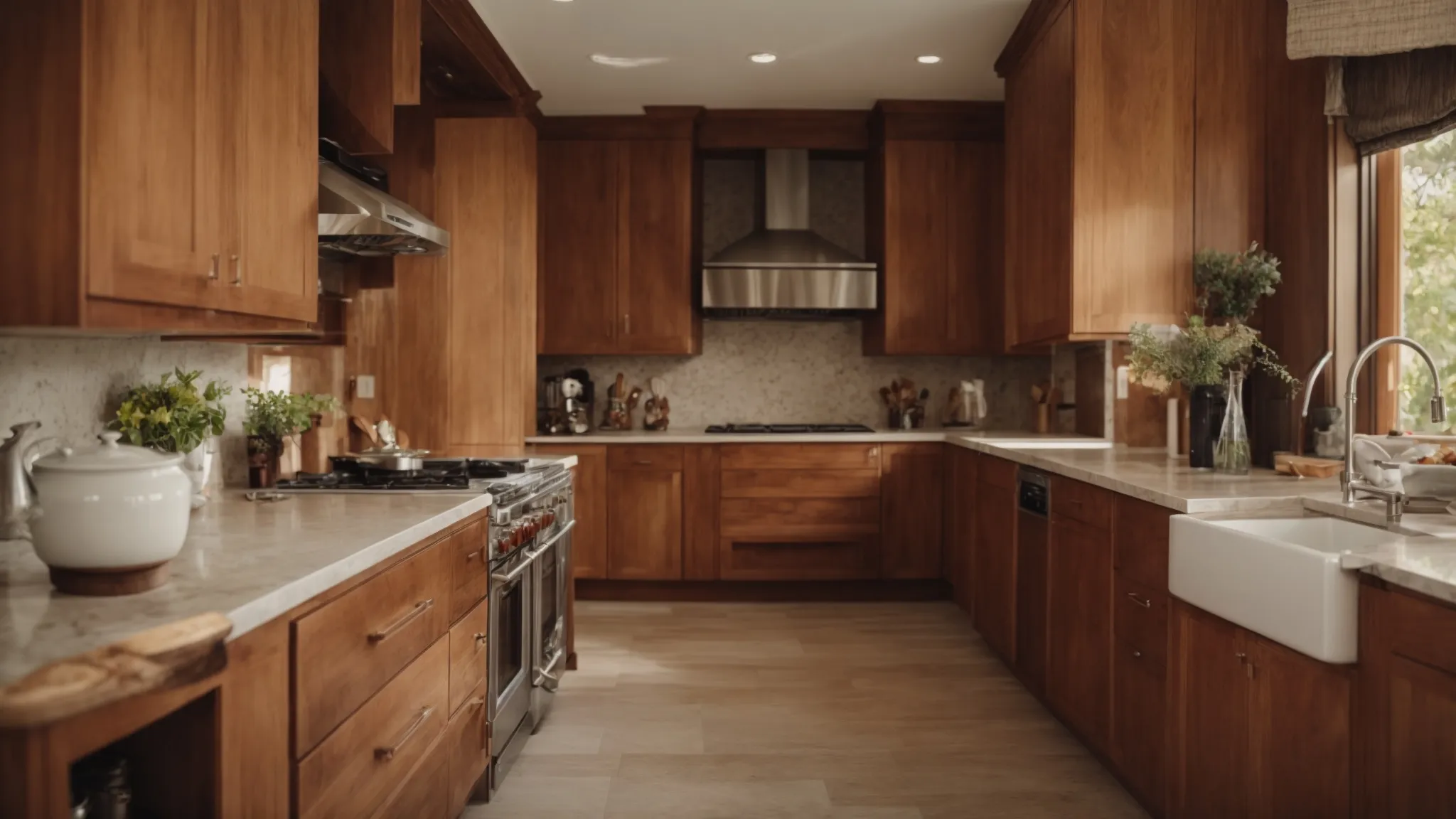 a kitchen with dated cabinets and countertops highlighted in the foreground, poised for renovation.