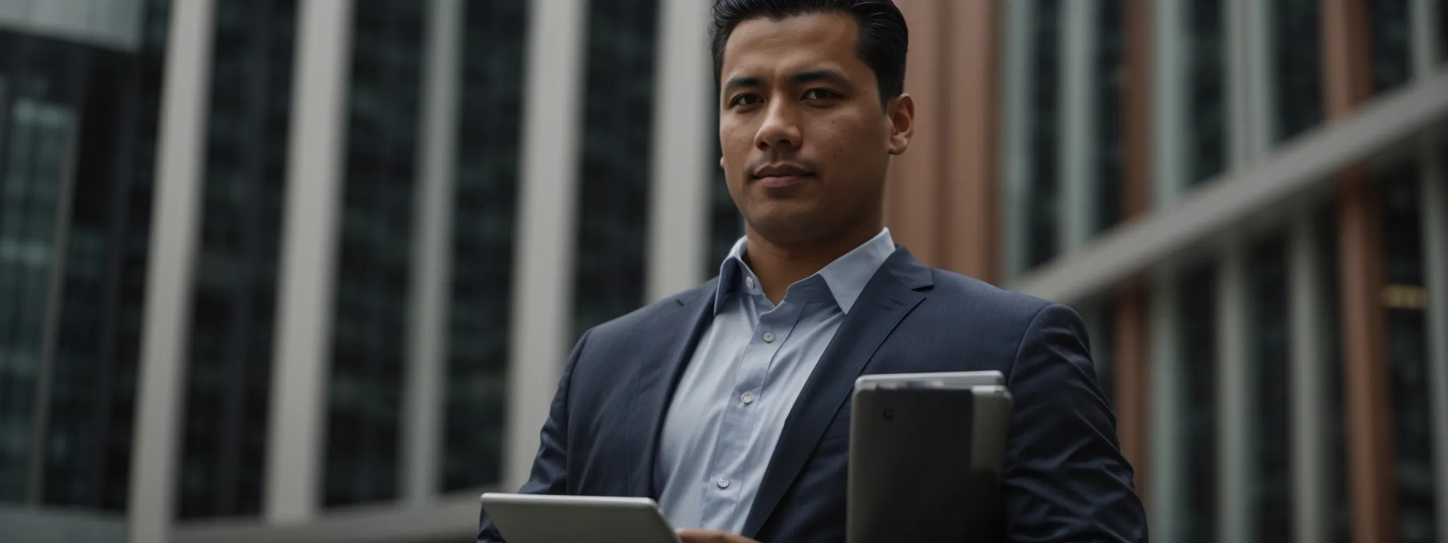 a confident entrepreneur stands in front of a modern office building, holding a digital tablet that displays charts and graphs.