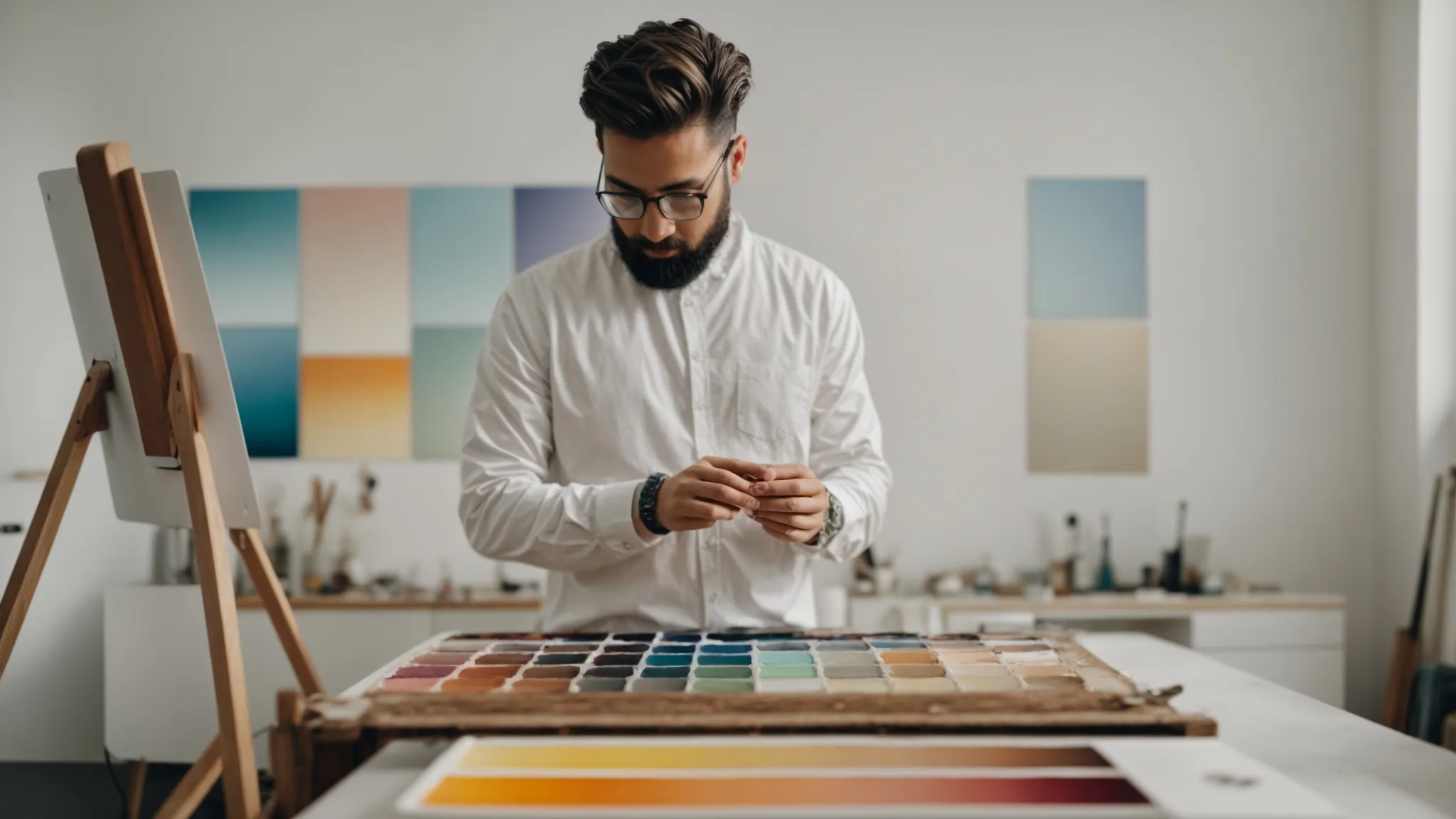an artist thoughtfully combining colors on a palette, facing a blank canvas in a bright studio.