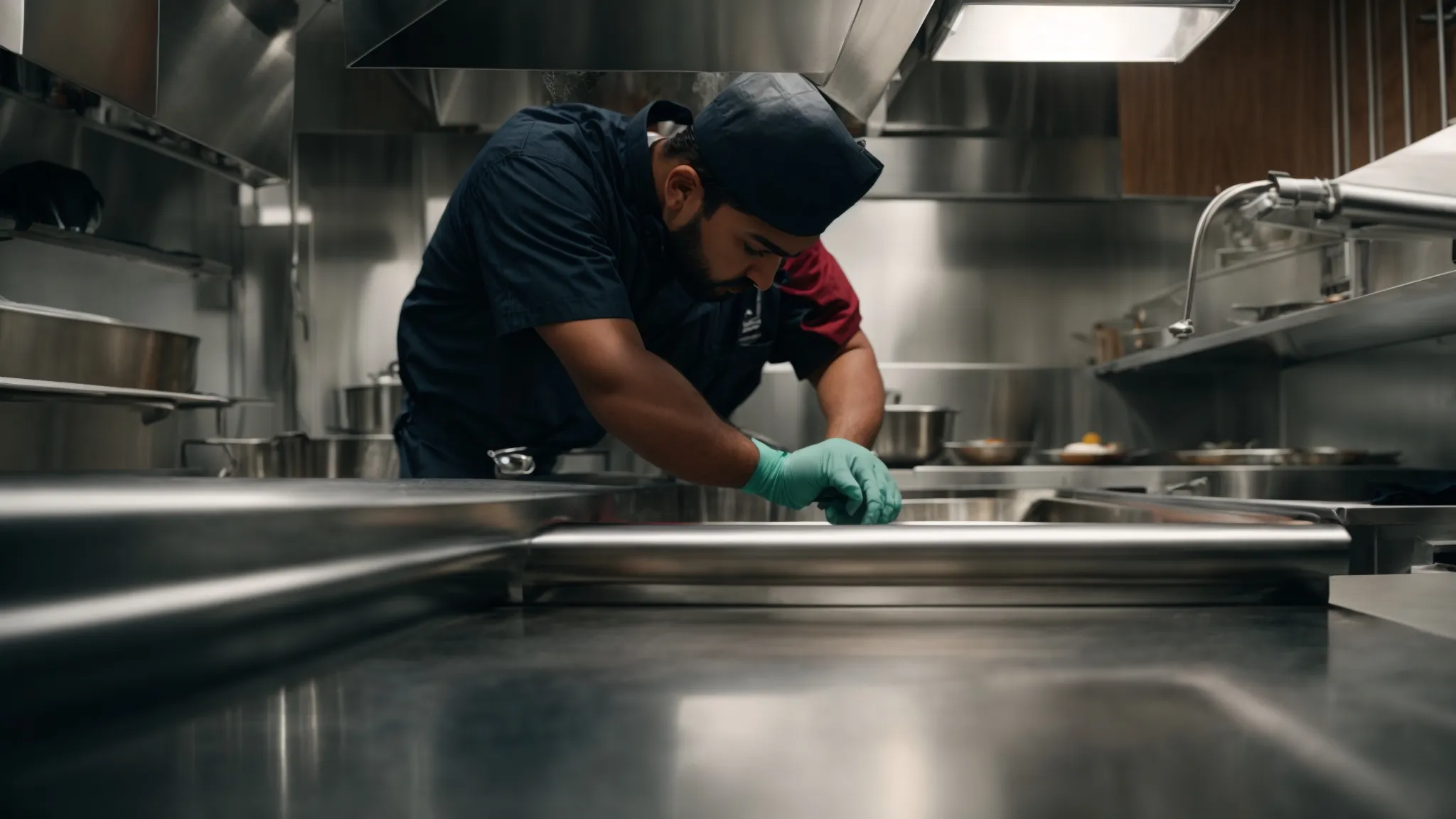 a chef wipes down the stainless steel surface of a kitchen exhaust hood in a professional kitchen.