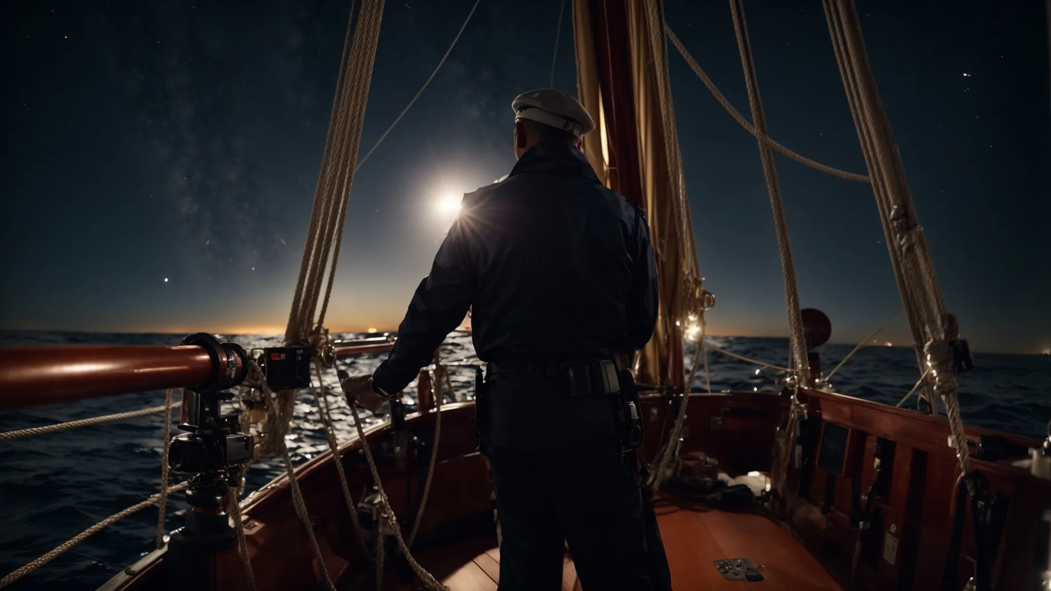 a captain adjusting the sail of his ship amidst a vast sea under a starlit sky.
