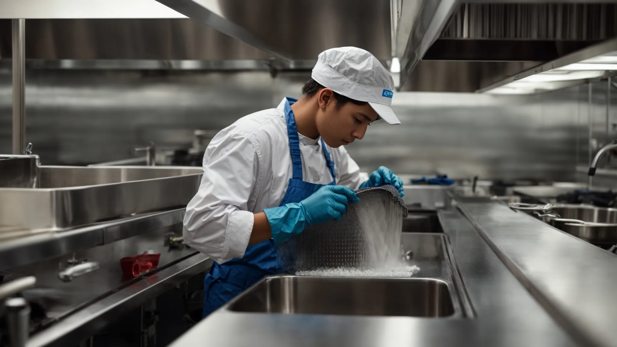 a professional cleaner, equipped with safety gear, scrubbing the greasy filters of a commercial kitchen hood.