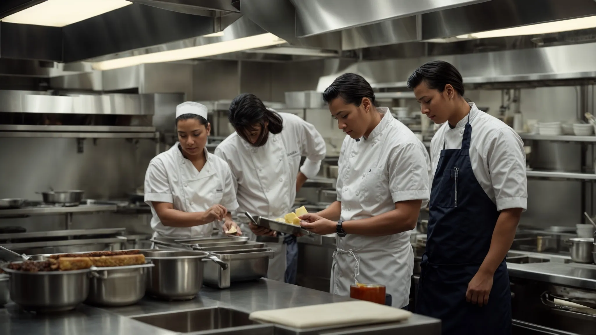 a restaurant kitchen team meets to review safety protocols and maintenance schedules in a clean, well-organized kitchen.