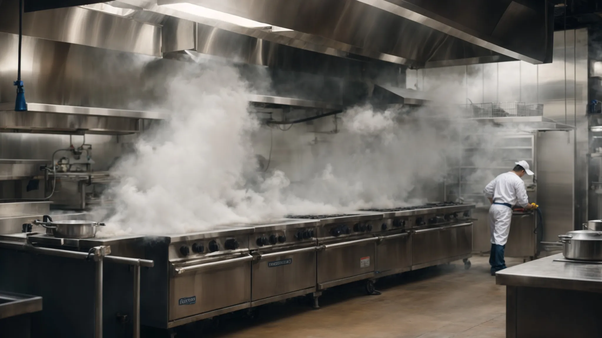 a professional cleaner power-washing a commercial Toronto Hood Cleaning kitchen hood, steam billowing around them as they work.