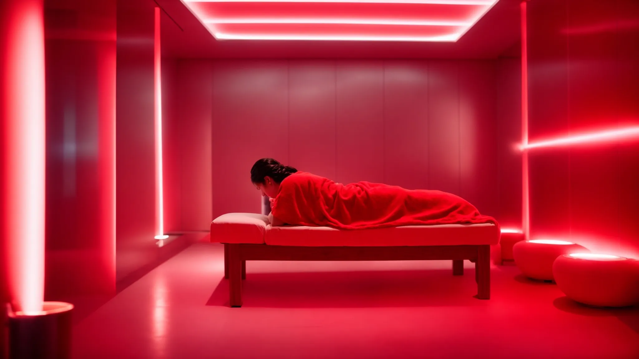 a serene treatment room glows with soothing red light enveloping a person lying comfortably as they undergo red light therapy.