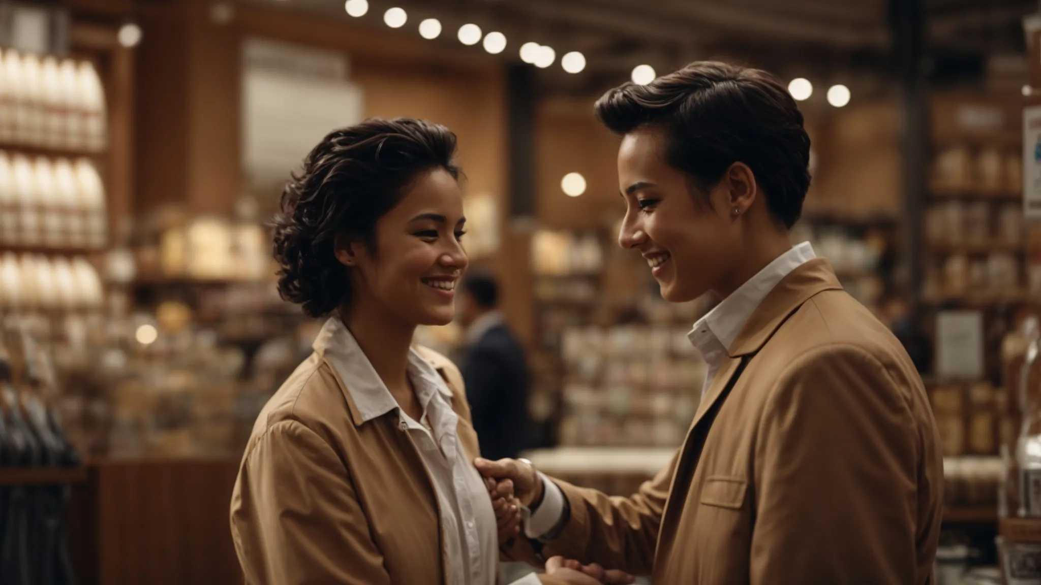 a brand representative shaking hands with a smiling customer against a backdrop of a warmly lit store.