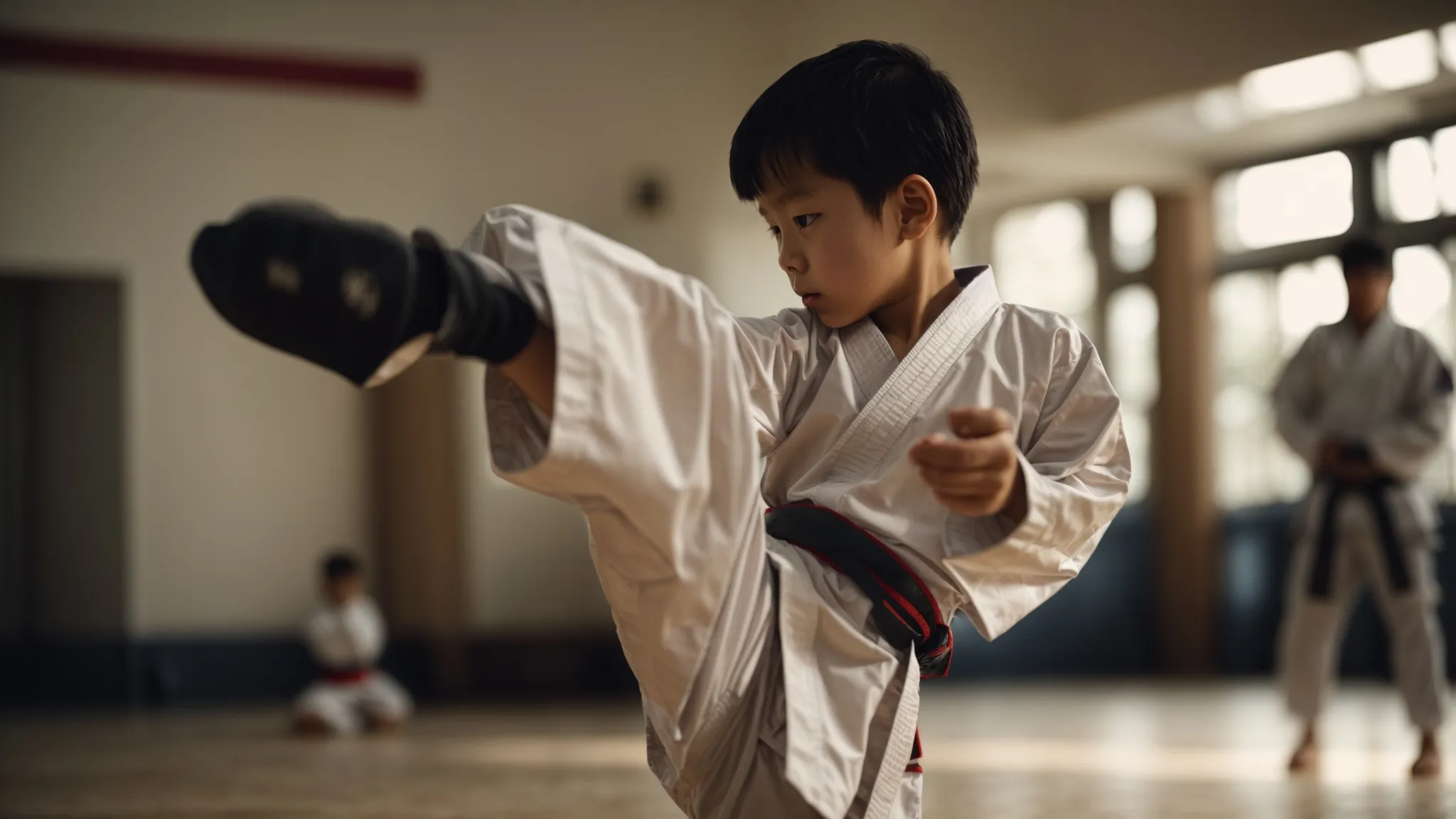 a child in a martial arts uniform executes a precise kick, their focused expression mirroring the concentration and control being refined within.