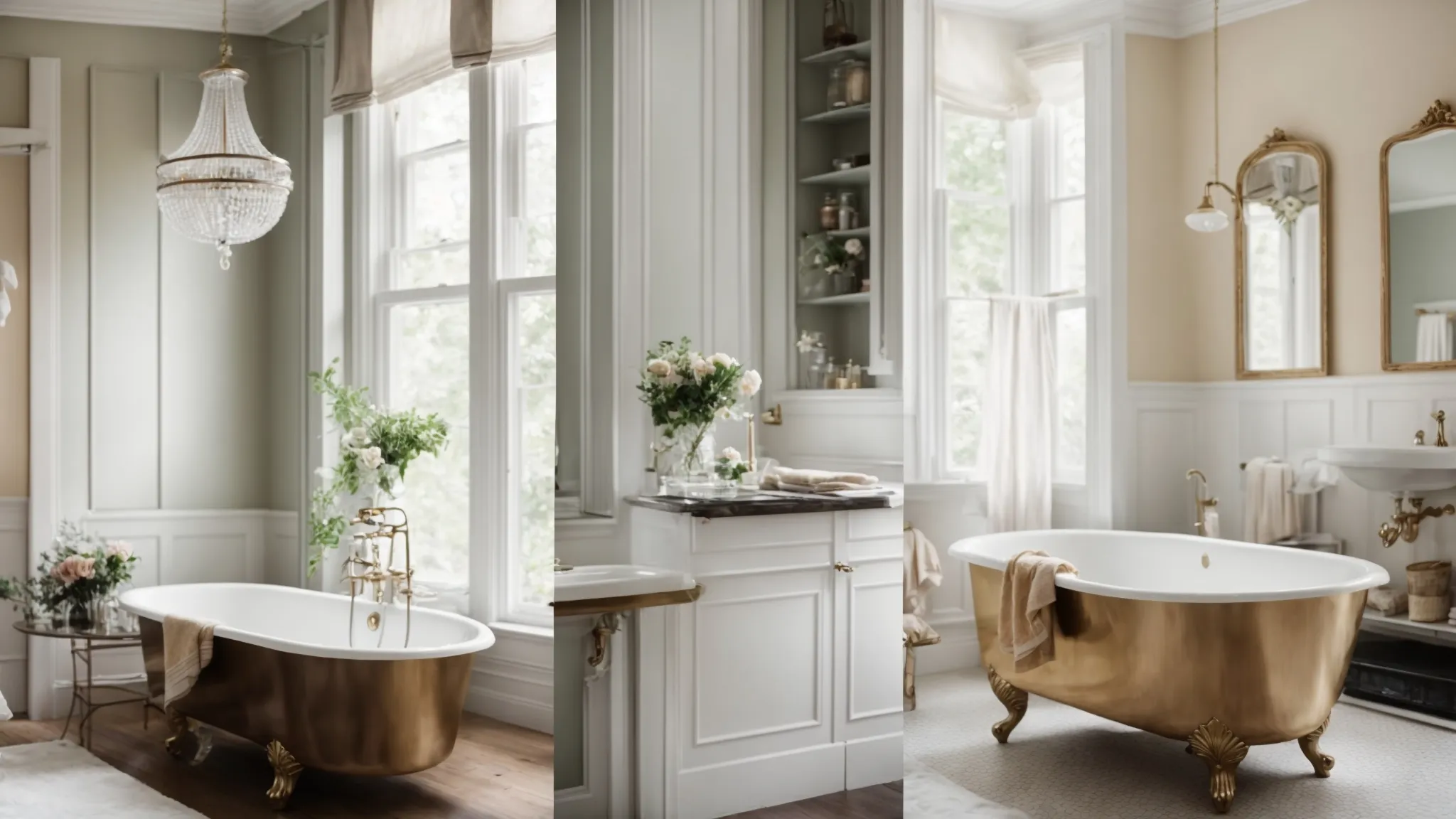 before and after images of a formerly cramped 1920s bathroom now transformed into an airy and elegant space, alongside a victorian-era bathroom restored with period details.
