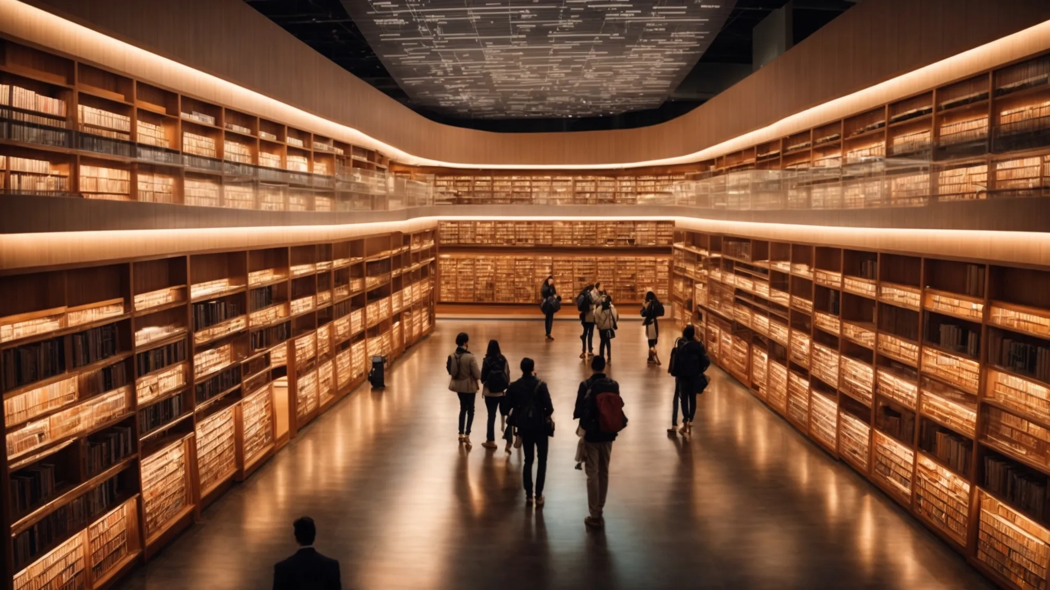 a vast digital library with visitors navigating through virtual books and maps glowing with keywords and data points, highlighting strategic paths amid soft, radiant light.