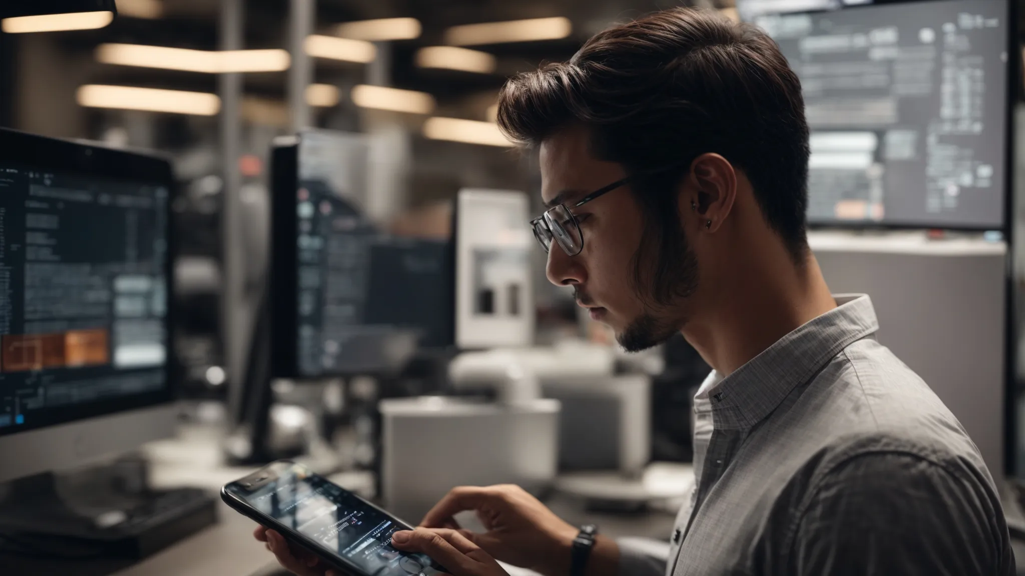 a developer is intently observing the responsive design of a website on a smartphone, standing against a backdrop of coding and design sketches.