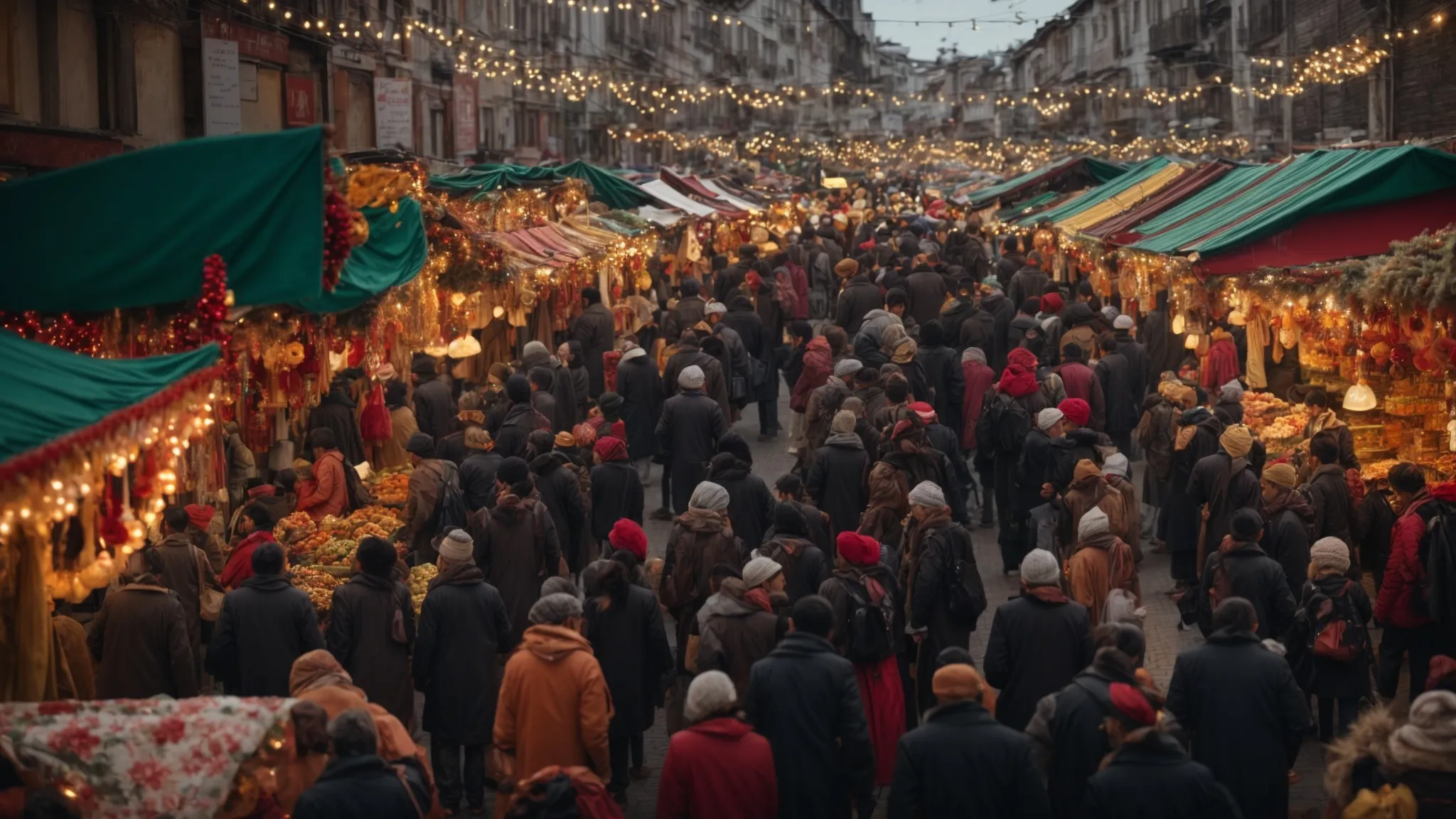 a crowded festive market with vibrant decorations and people shopping happily.