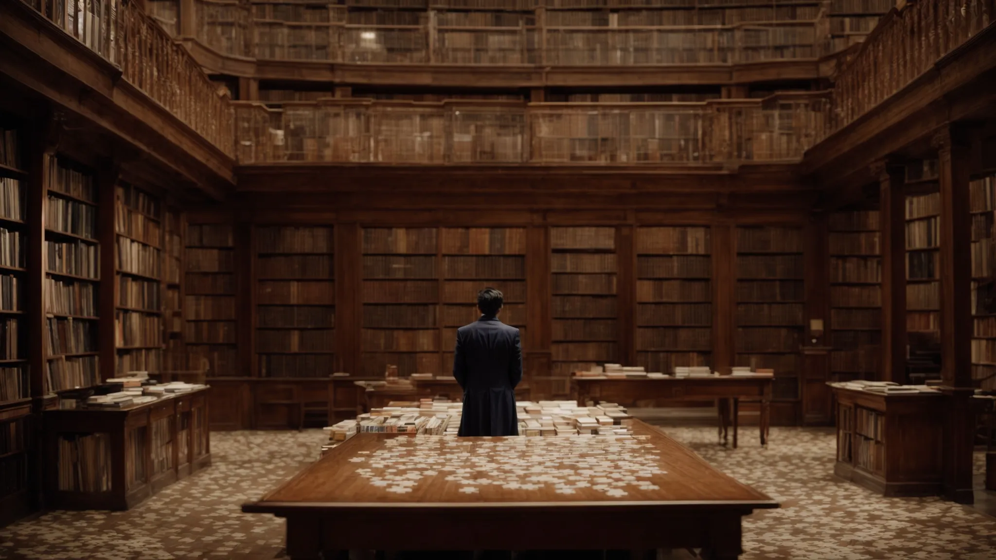 a person stands in a vast, open library, surrounded by overflowing bookshelves, looking puzzled with a giant, complex puzzle on a table before them, symbolizing the challenge of piecing together audience insights.