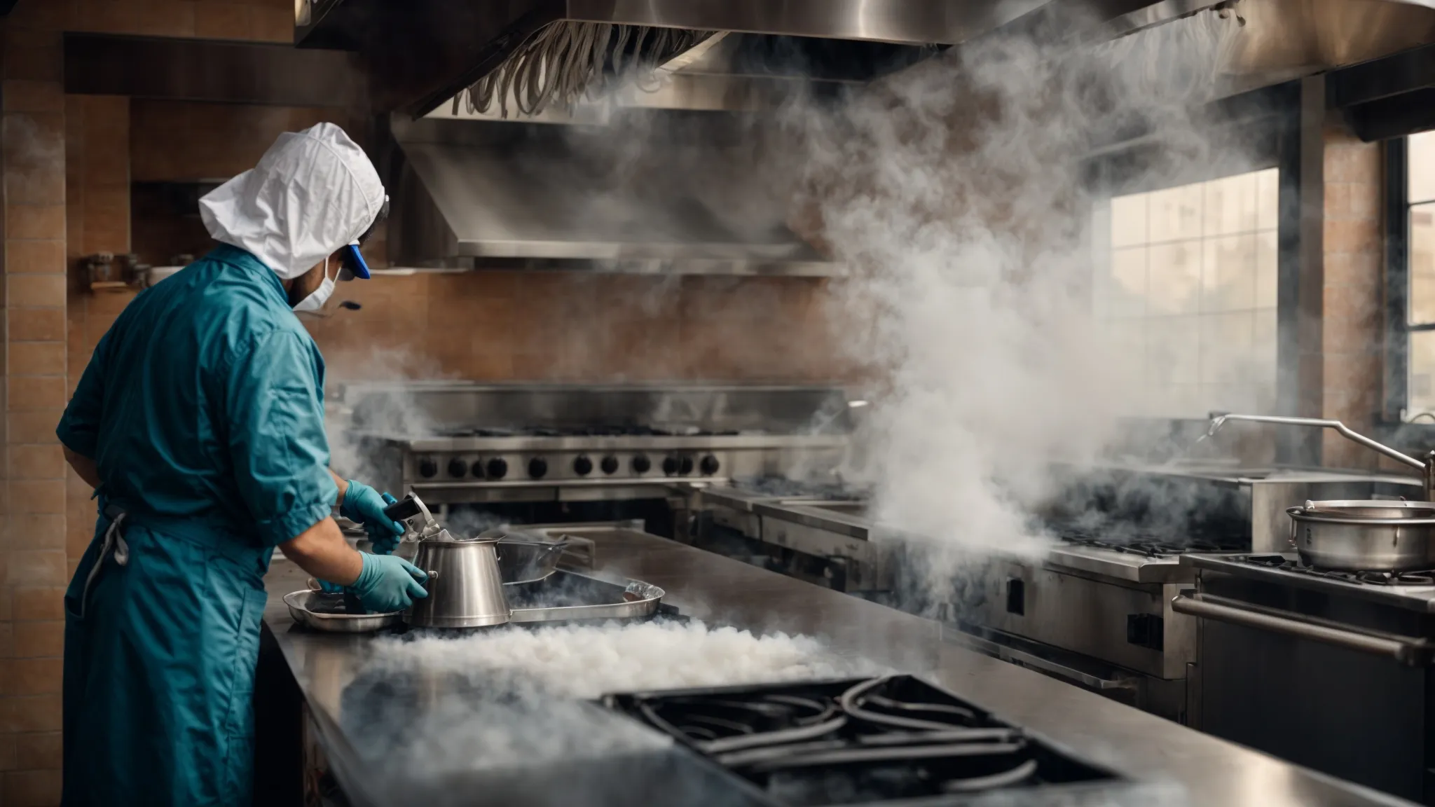 a professional cleaner sprays a solution on a commercial kitchen hood, engulfed in steam, diligently working towards restoration.