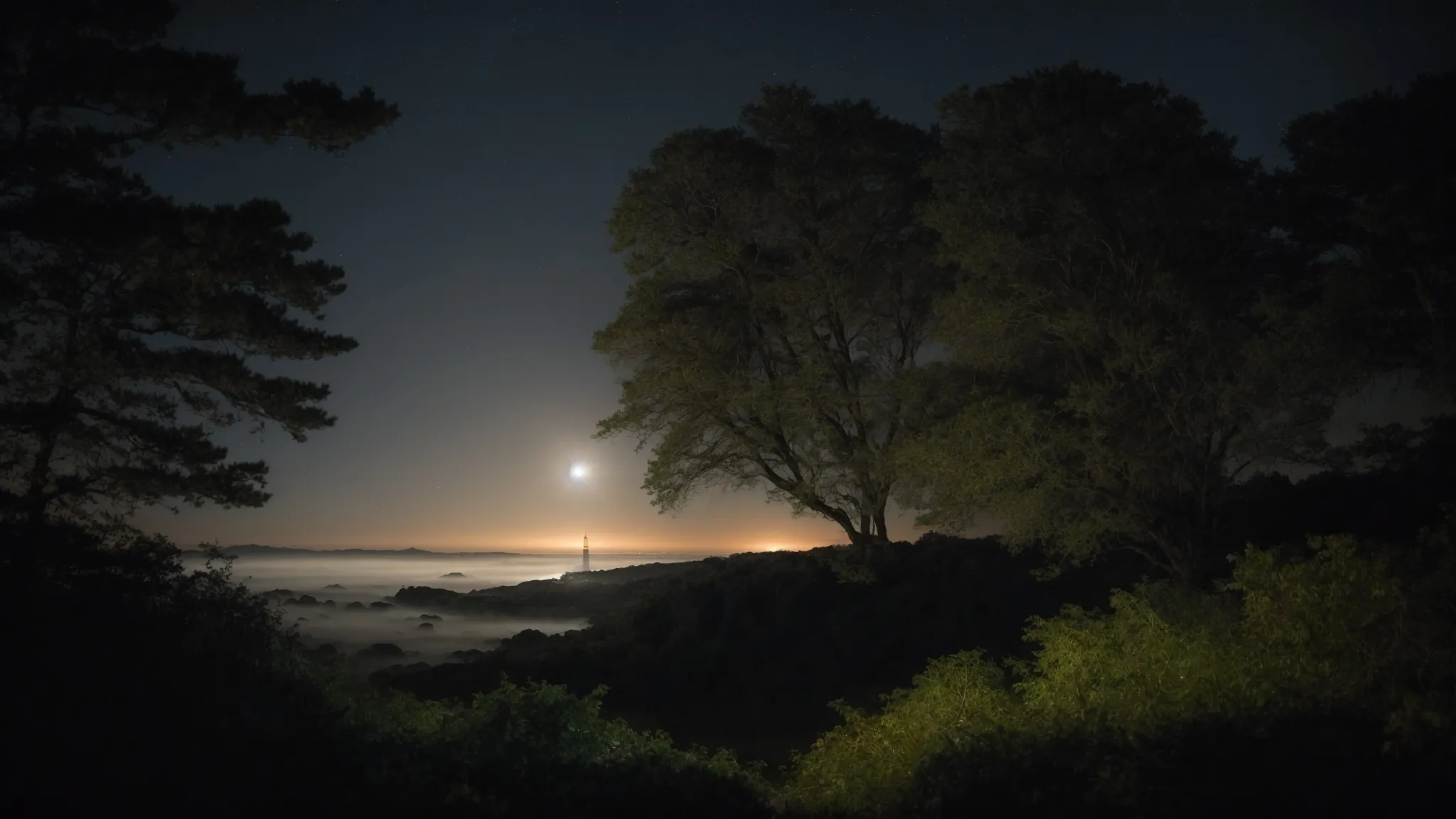 a broad, forested landscape opens under a starlit sky, where a distant lighthouse illuminates paths through the trees, symbolizing guidance and discovery.
