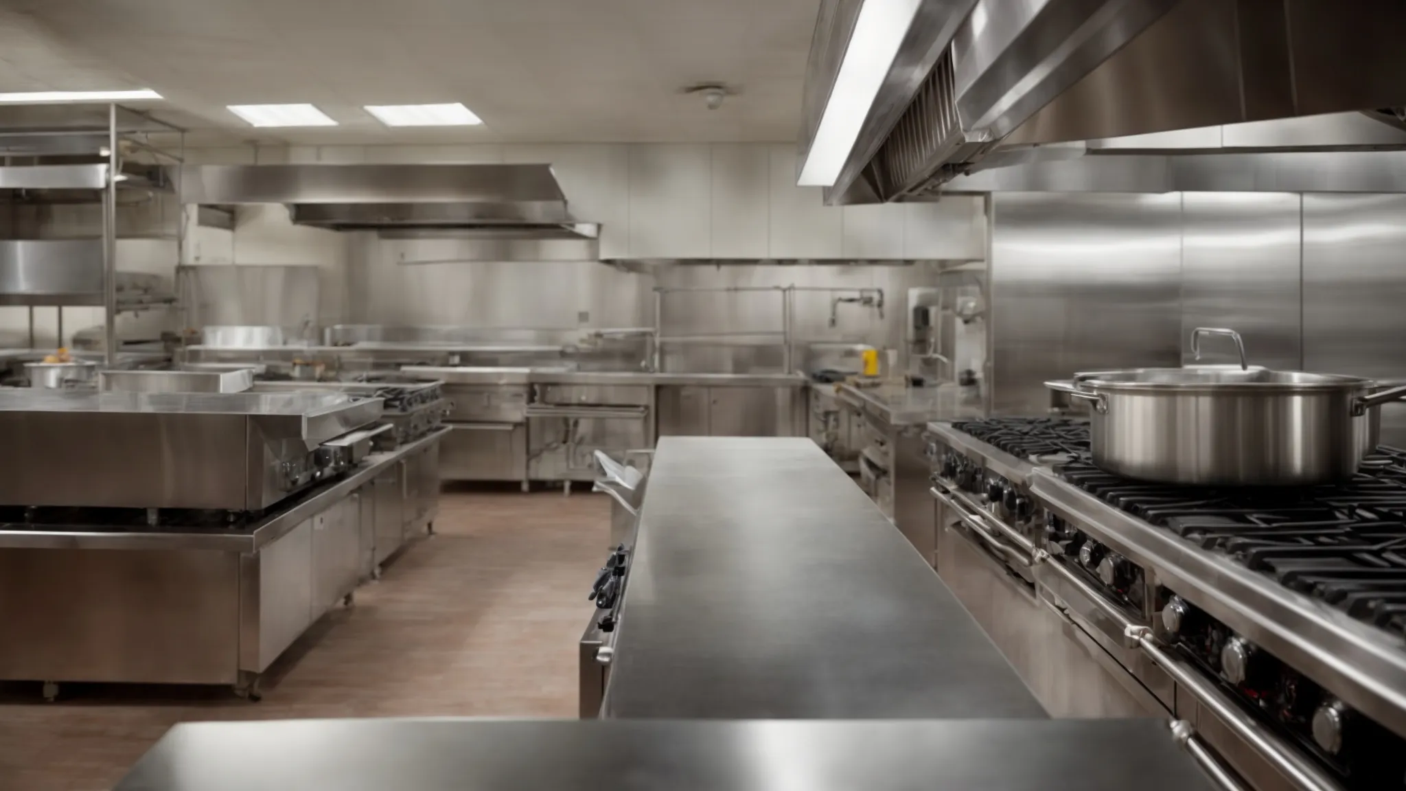 a commercial kitchen gleams with cleanliness around the stove and hoods, indicating a recent thorough cleaning.