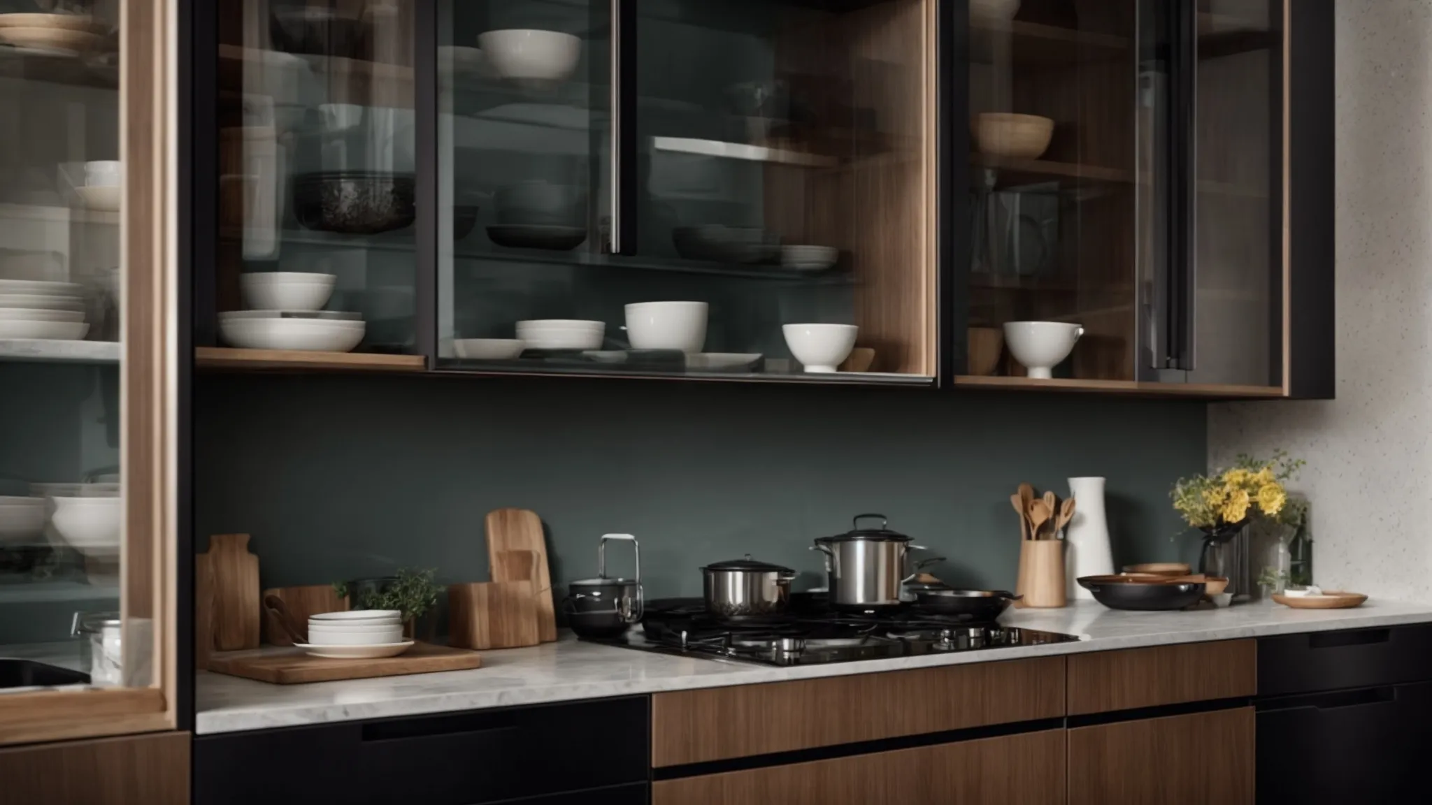 a contemporary kitchen features two-tone cabinets and open shelving, displaying elegant crockery behind glass fronts amidst a backdrop of innovative design.