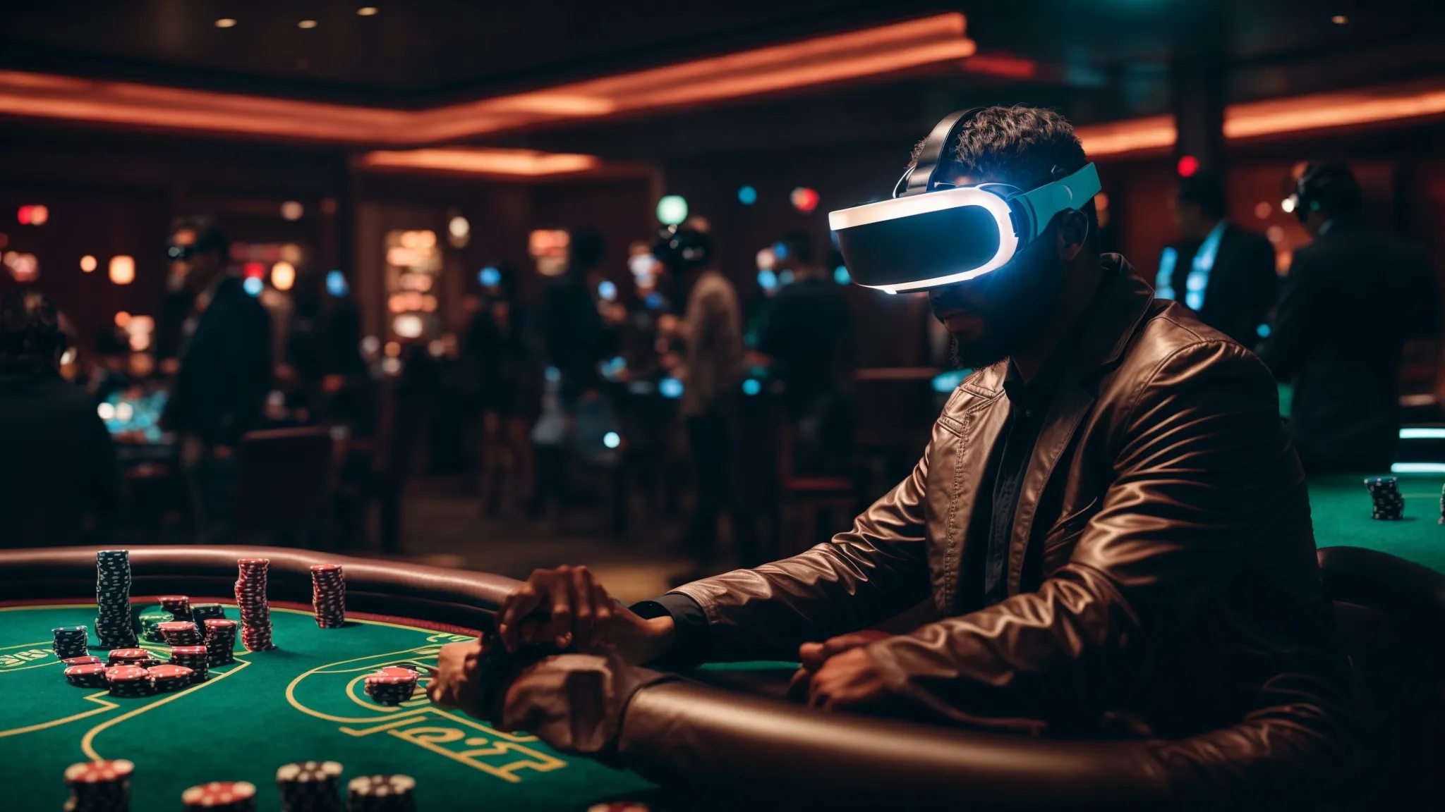 ein Spieler, der in ein Pokerturnier mit hohen Einsätzen in der virtuellen Realität eintaucht, umgeben von digitalen Gegnern in einer futuristischen Casino-Oberfläche.